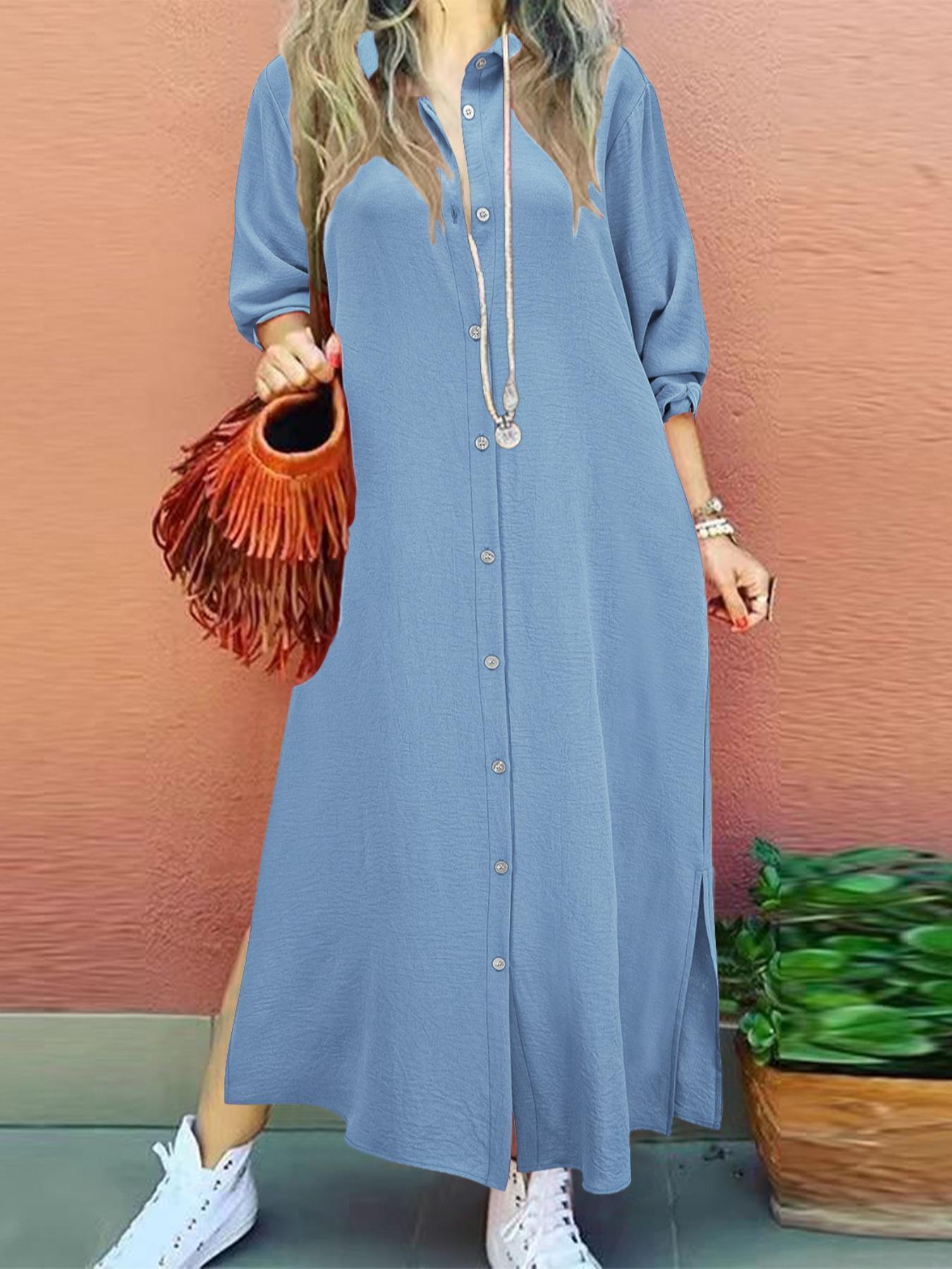 Women's Plain Collared Button Shirt Collar Long Sleeve Dress, Casual Fashion Long Dress for Daily Outdoor Wear, Women Dress for Spring, Womenswear