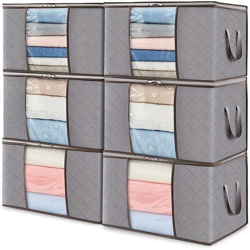 6pcs Vintage Heavy-Duty Non-Woven Fabric Closet Storage Bags with Zipper Closure - Rectangular, Collapsible, Stackable, Portable Organizers for Quilts, Blankets, Home Organization