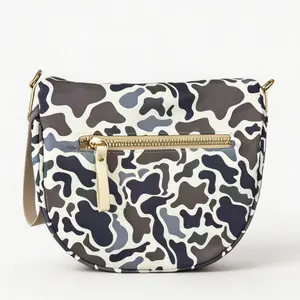 Trendy Camo Cow Print Saddle Bag | Lightweight Nylon Crossbody Purse | Fashion Casual Shoulder Bag