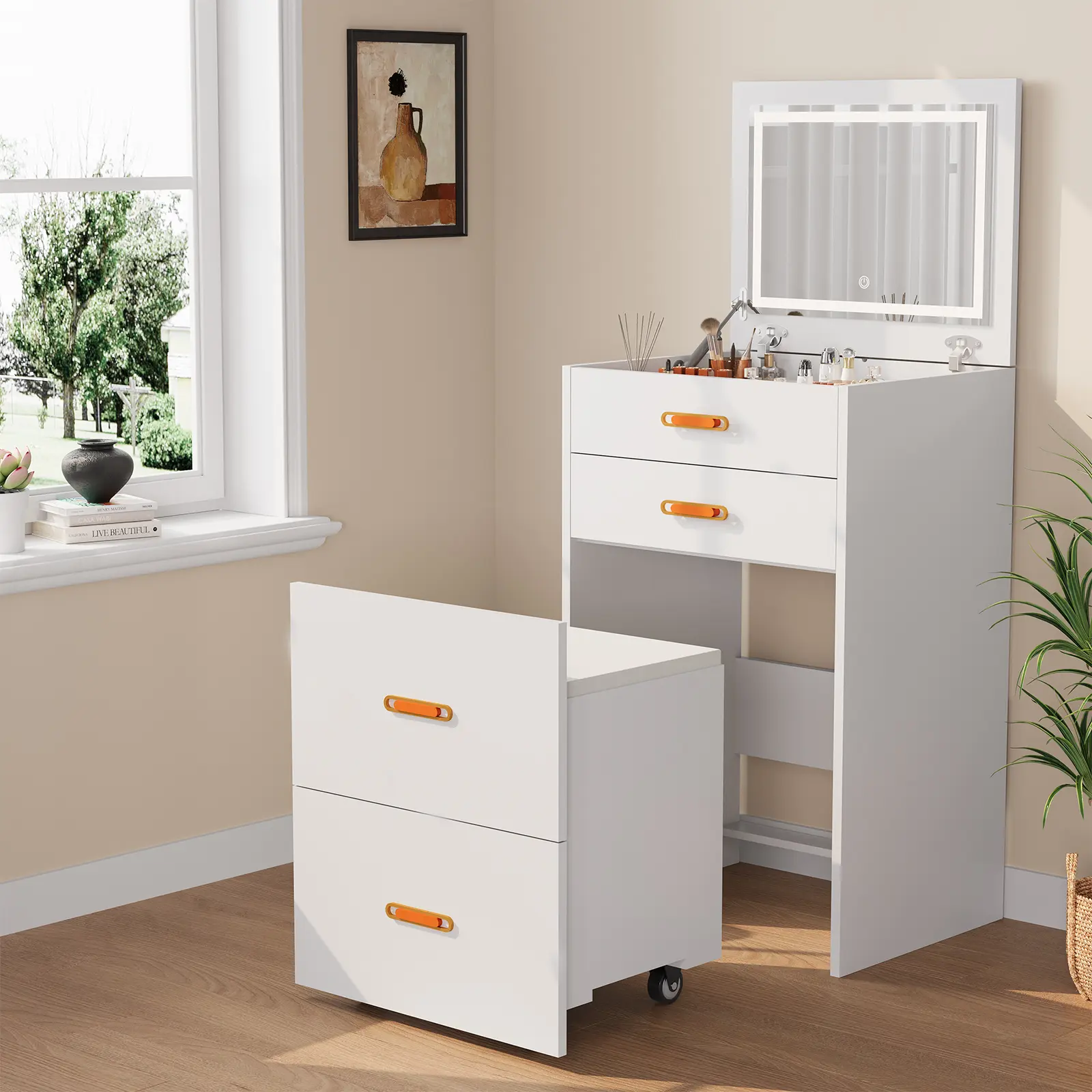 Compact White Makeup Vanity Desk with Mirror, Space-Saving 3-in-1 Dressing Table Nightstand Set with Storage and Rolling Chair for Small Rooms