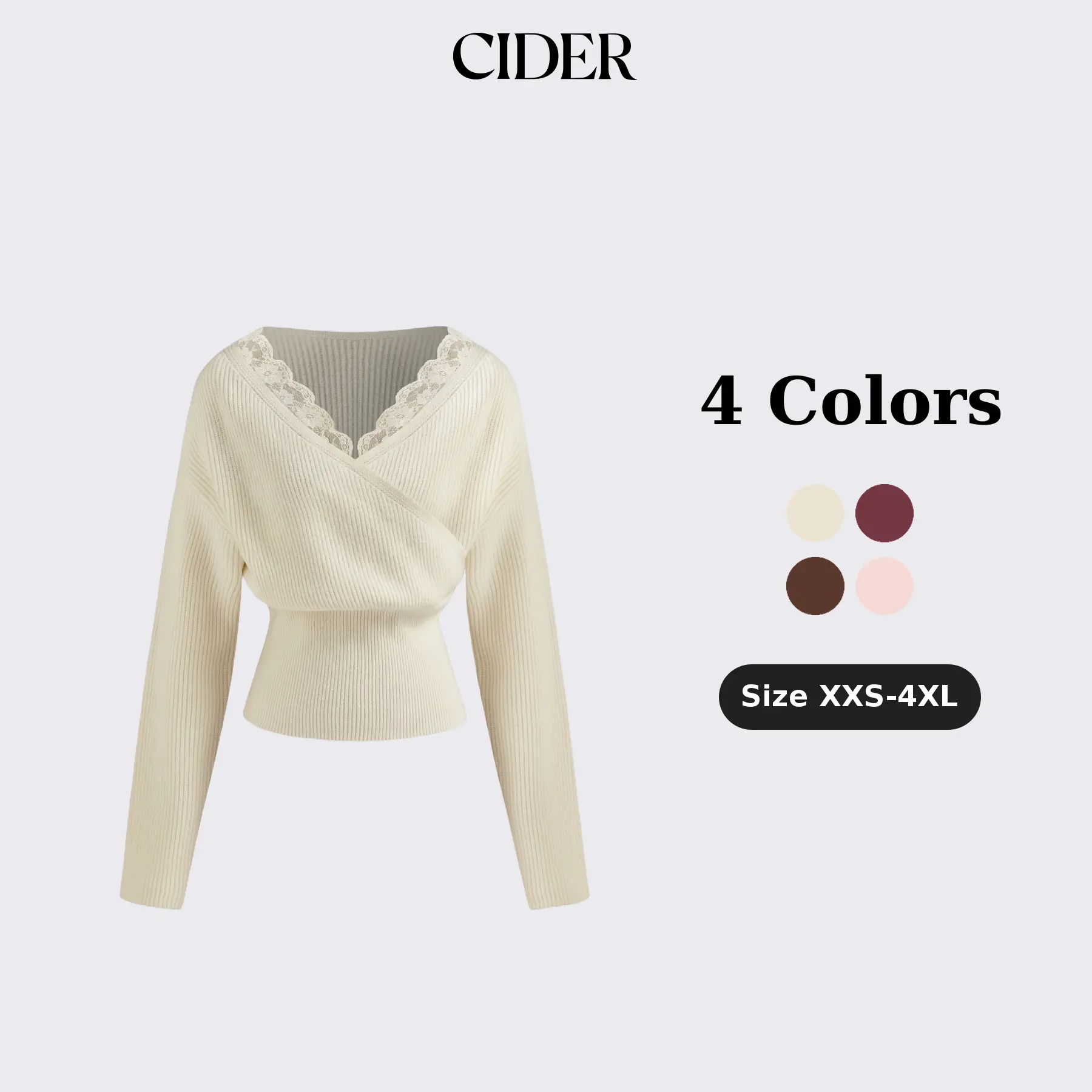 Cider Knit V-neck Solid Lace Trim Wrap Long Sleeve Top