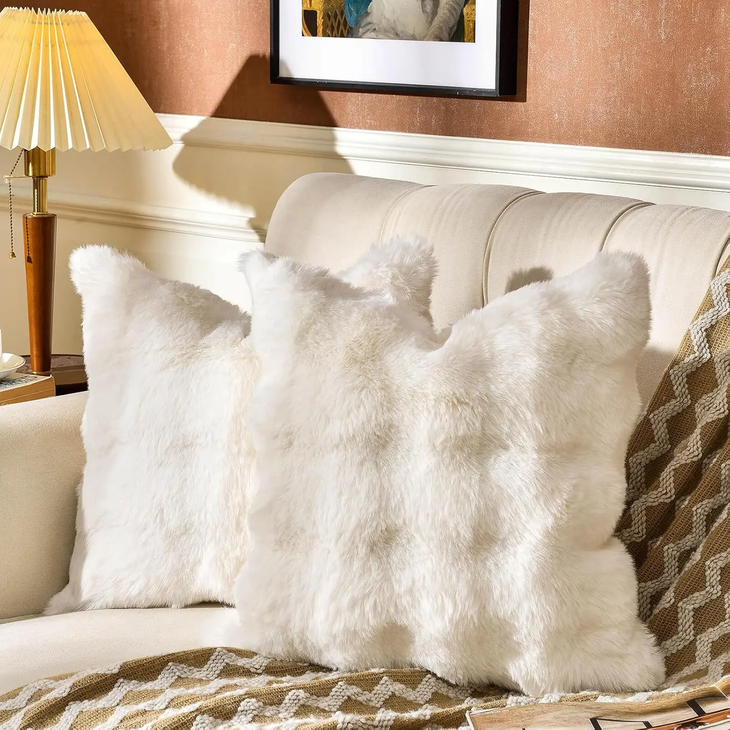 Pack of 2 Throw Pillow Covers 3D Dense Faux Fur Cozy Soft Fuzzy Set Case Cushion for Couch Sofa Bedroom 18 x 18-Inch White