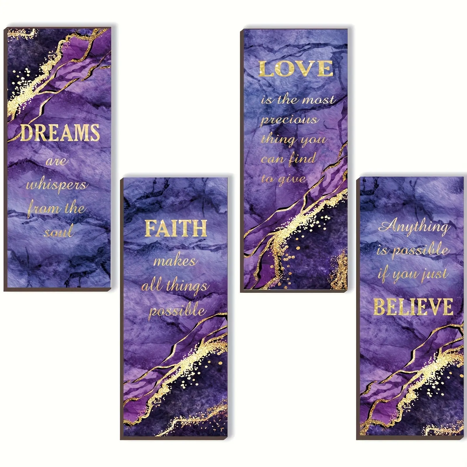 4pcs Inspirational Quotes Print Wall Decor, Artwork for Walls, Purple Golden Marble Design, Modern Wooden Rustic Style, Suitable for Bedroom, Living Room, Bathroom Decoration Items, Perfect for Room Decor
