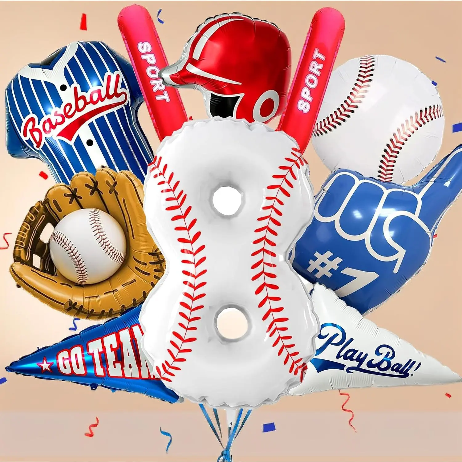 Baseball Party Balloon Decor Set 10Pcs 40" Number 8 Bat Helmet Glove Jersey Foil Balloons Sport Birthday Graduation Decorations