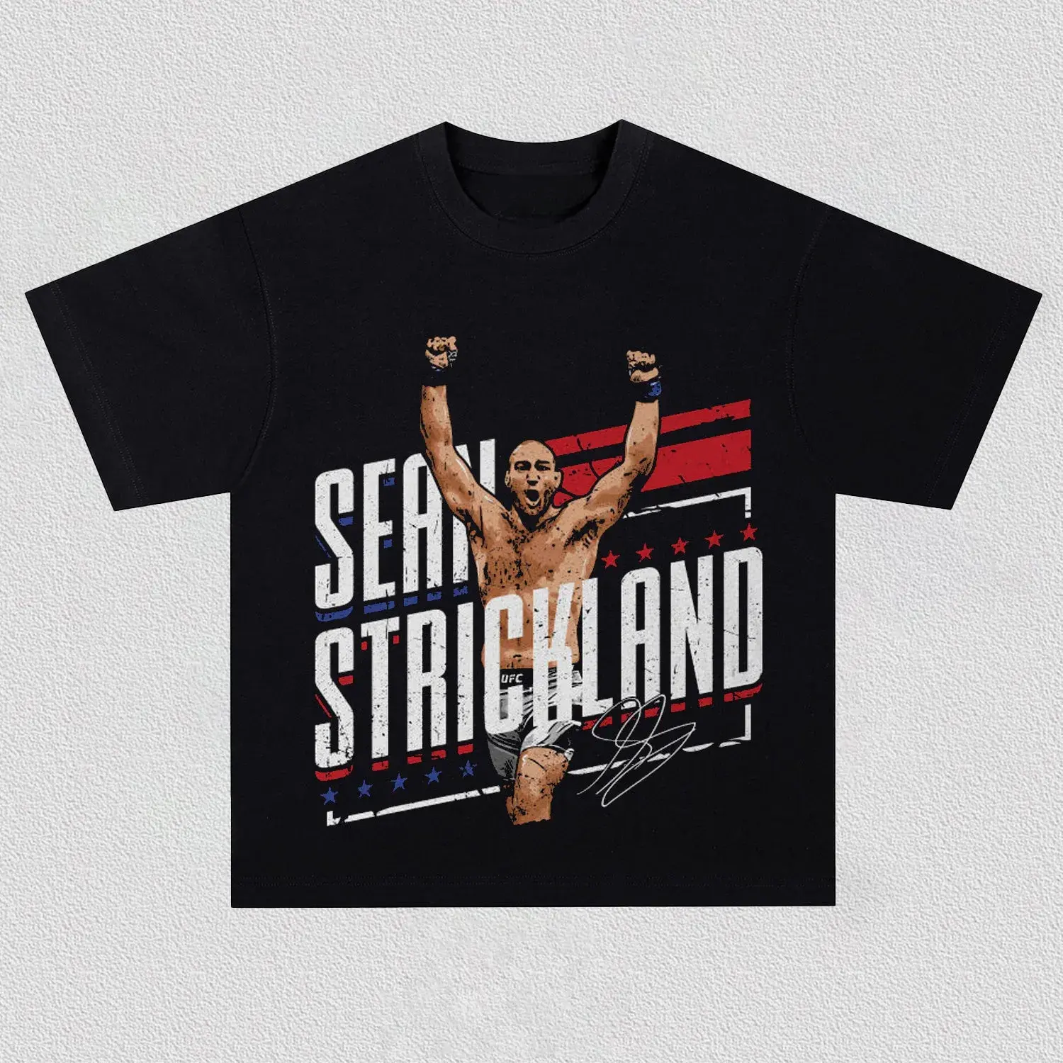 Retro USA Theme Fighter Print Sean Strickland Celebrating Pose Distressed Letter & Signature Detail Boxy Oversized Unisex MMA Street T Shirt For Men Women