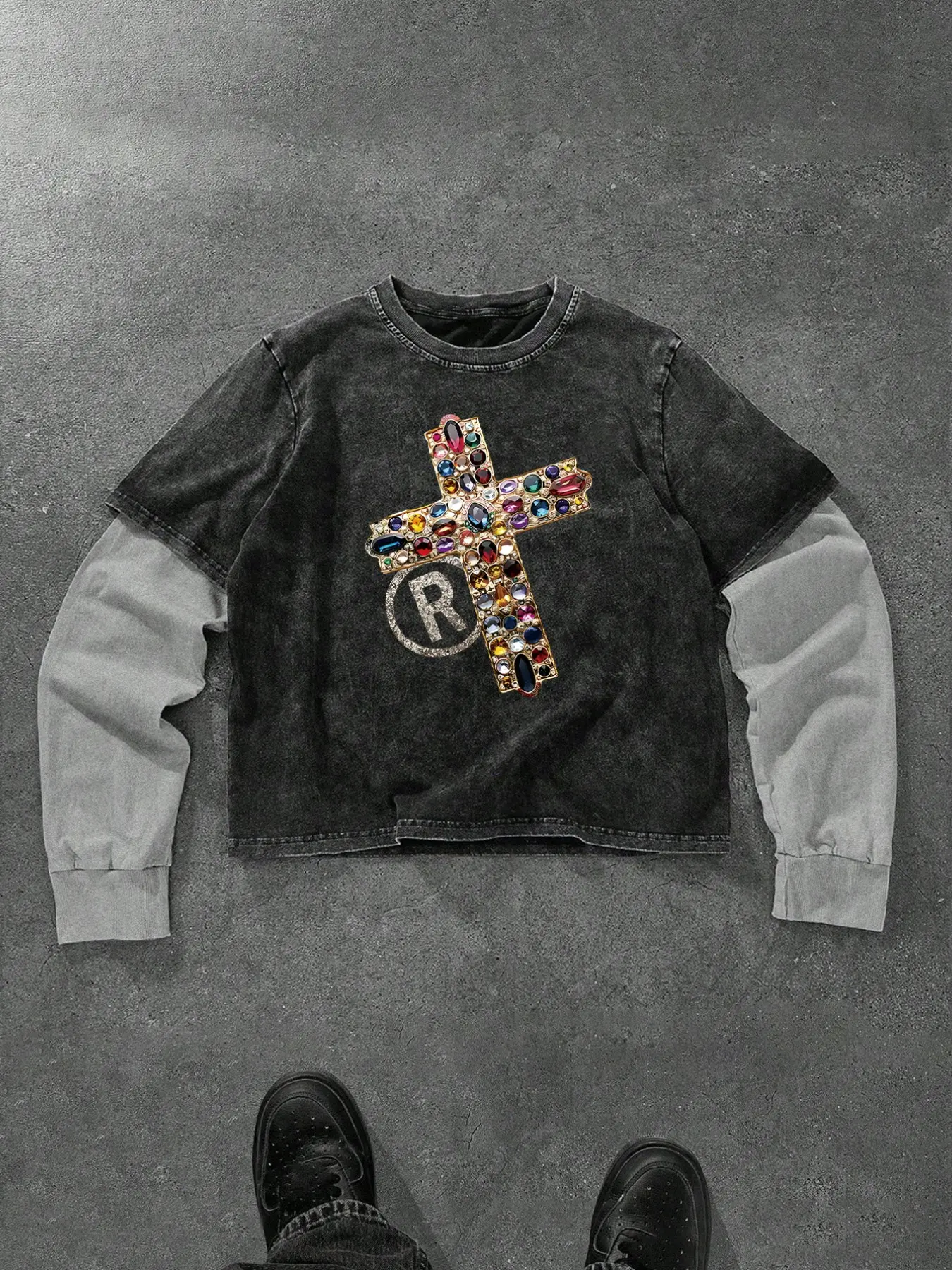 Men's Long Sleeve Tee Y2K Grunge Vintage Wash Gem Cross Graphic Patchwork T-Shirt for Unisex Streetwear Daily Wear
