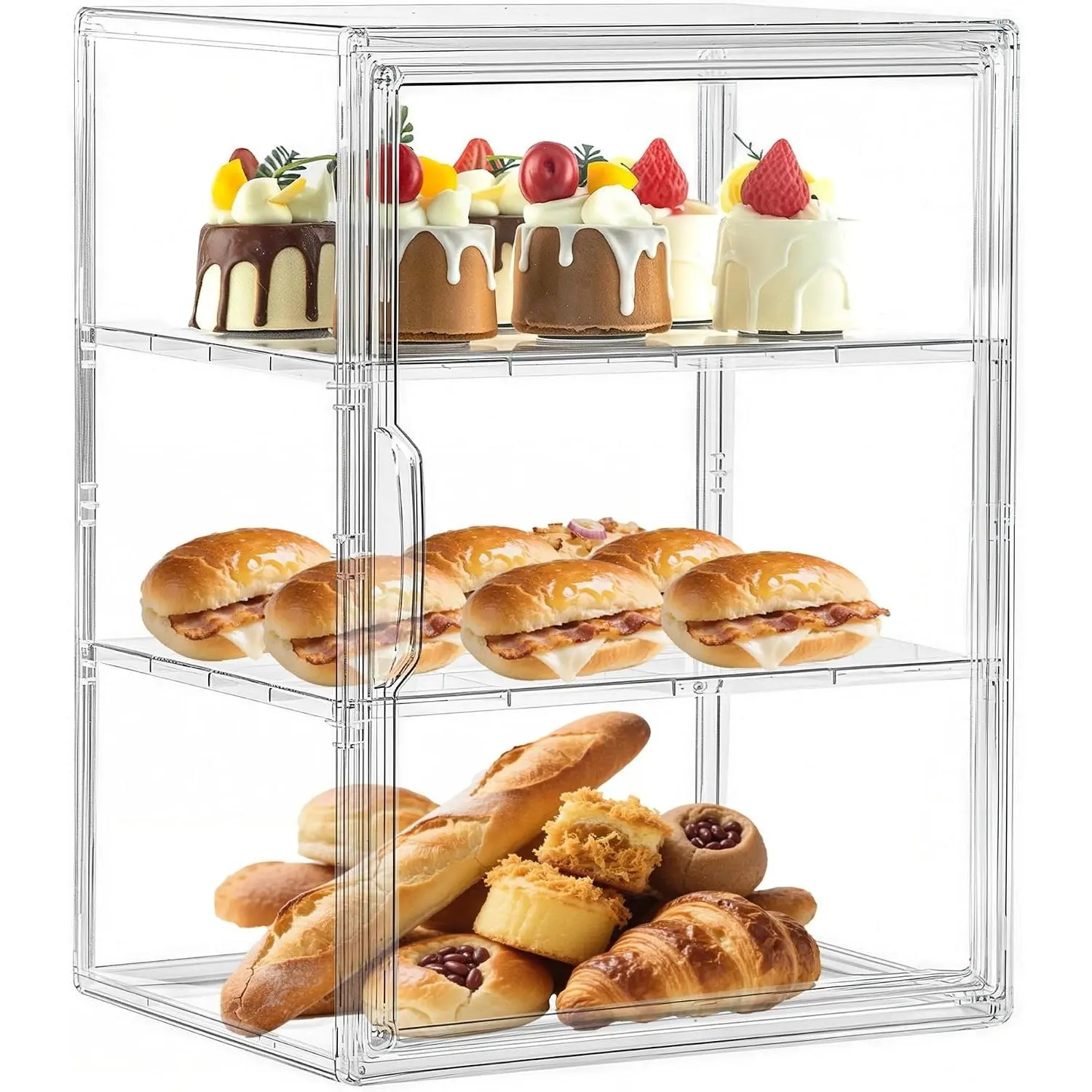 Pastry Display Case, 3 Layers Clear Bread Box for Kitchen Countertop | Adjustable Shelves, Magnetic Door, Clear Acrylic Storage for Bread, Pastries and Cookies, Easy Assembly, 14.2x10.6x8.7inch