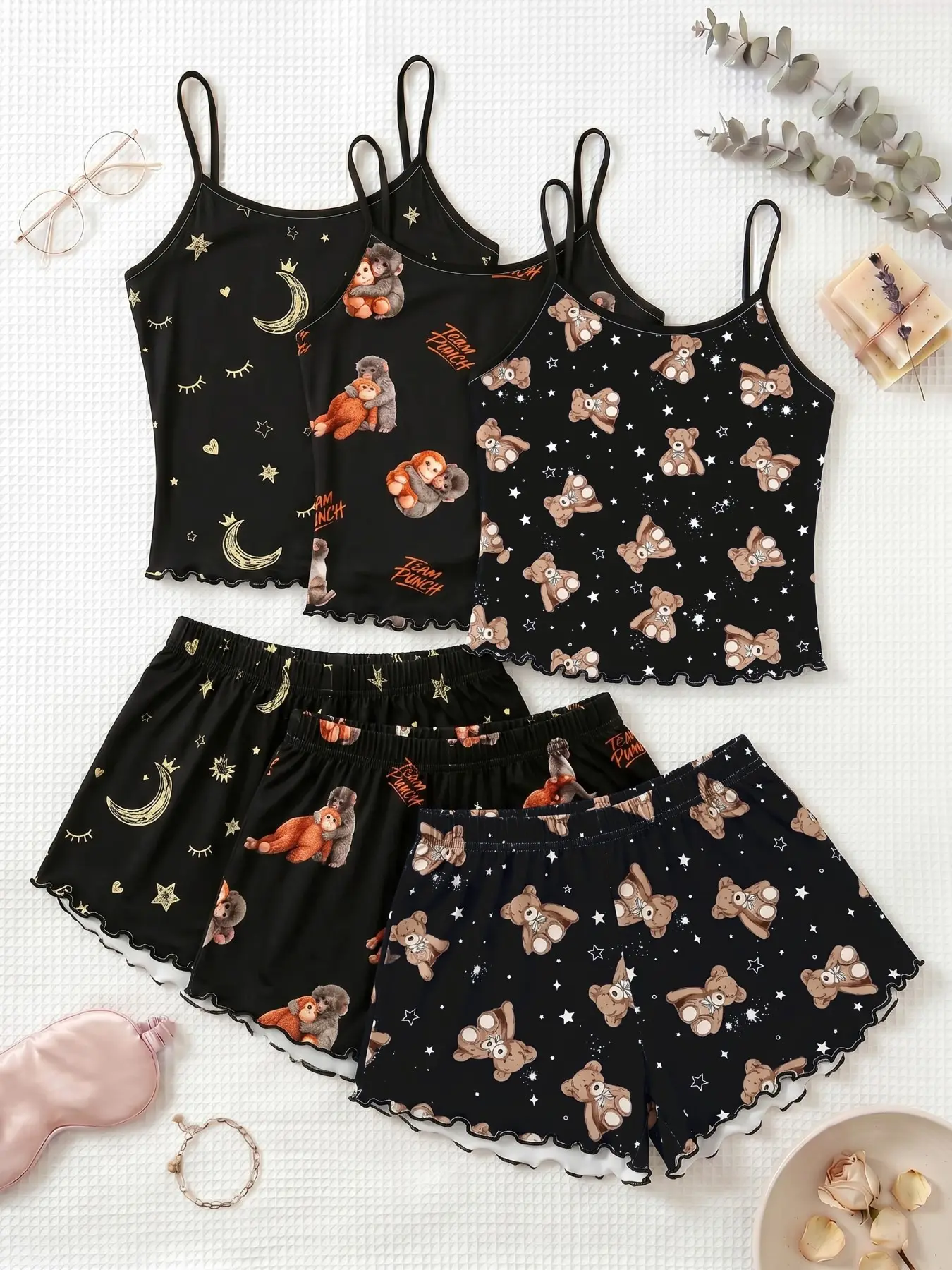 Women's 3-Piece Sleepwear Set, Sexy Slim-Fit Spaghetti Strap Tank Tops & Shorts, All-Over Bear Monkey Print, Cozy Home Wear for All Seasons