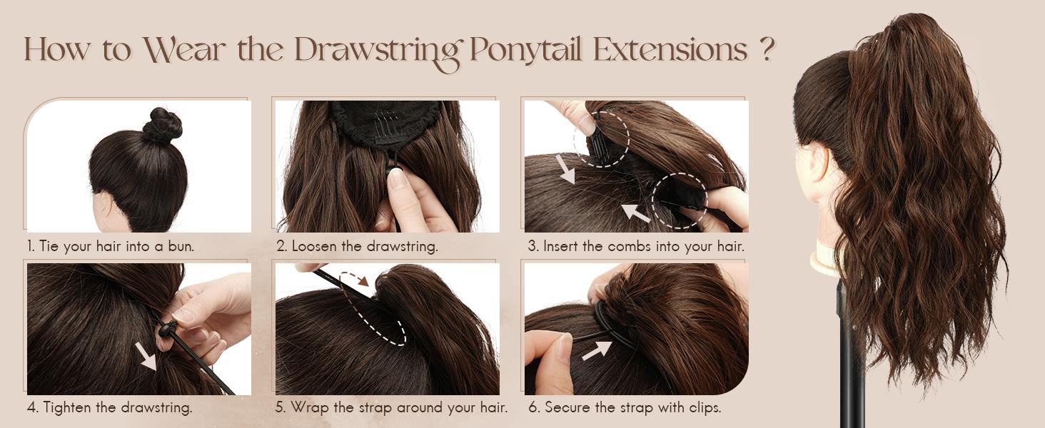 FESHFEN Ponytail Extensions - Drawstring Ponytails Hair Extension Long Curly Wavy Hair Piece Synthetic Pony Tail Hairpieces for Women, 18 inch