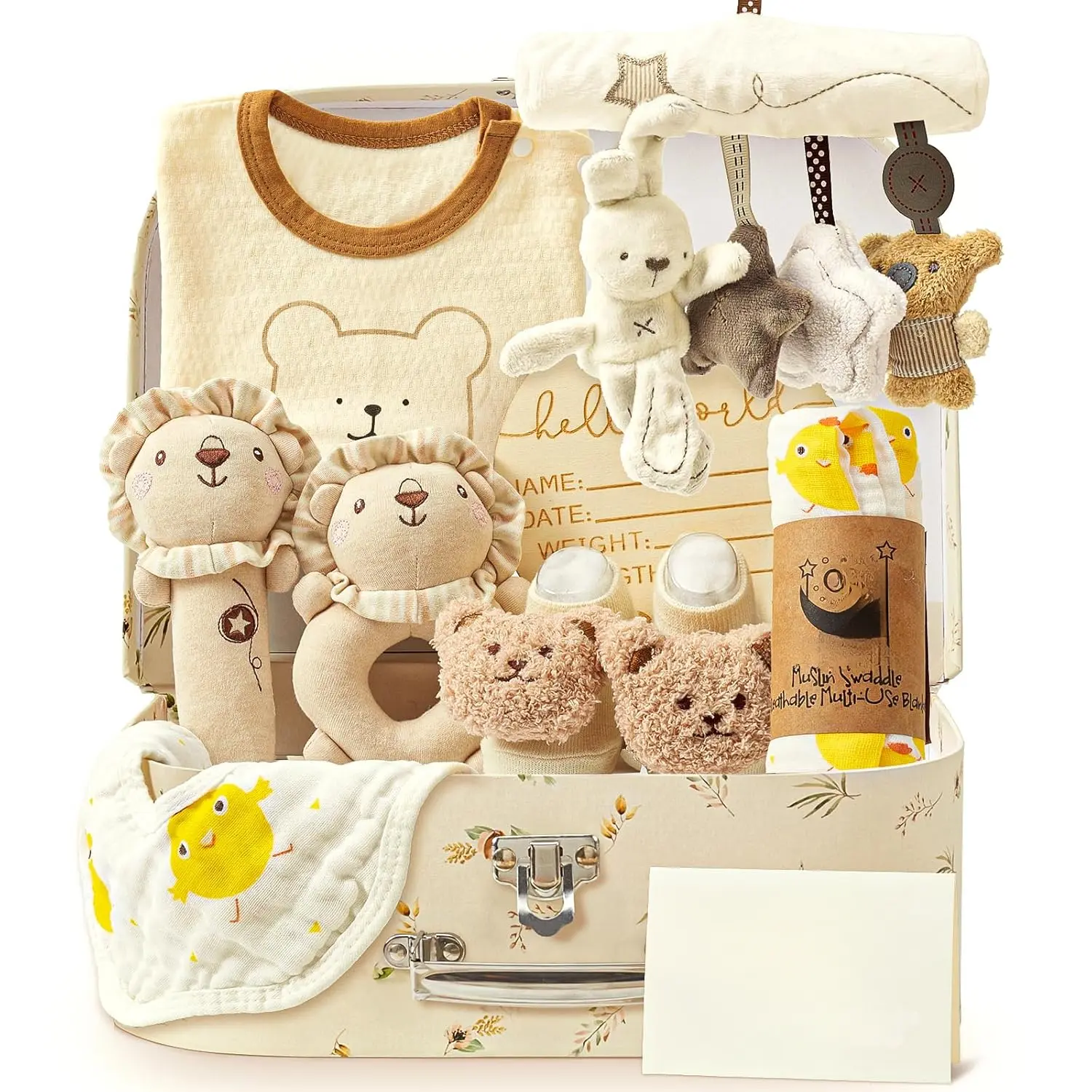 9pcs Newborn Baby Gift Baskets  Boys Girls Baby Shower, 2 Rattle/Seat Hang Toy/Blanket/Bodysuit/Bib/ 3D Socks/Wood Milestone/Carry Box, Neutral New Born Essential Stuff Unisex Baby Gifts Boy
