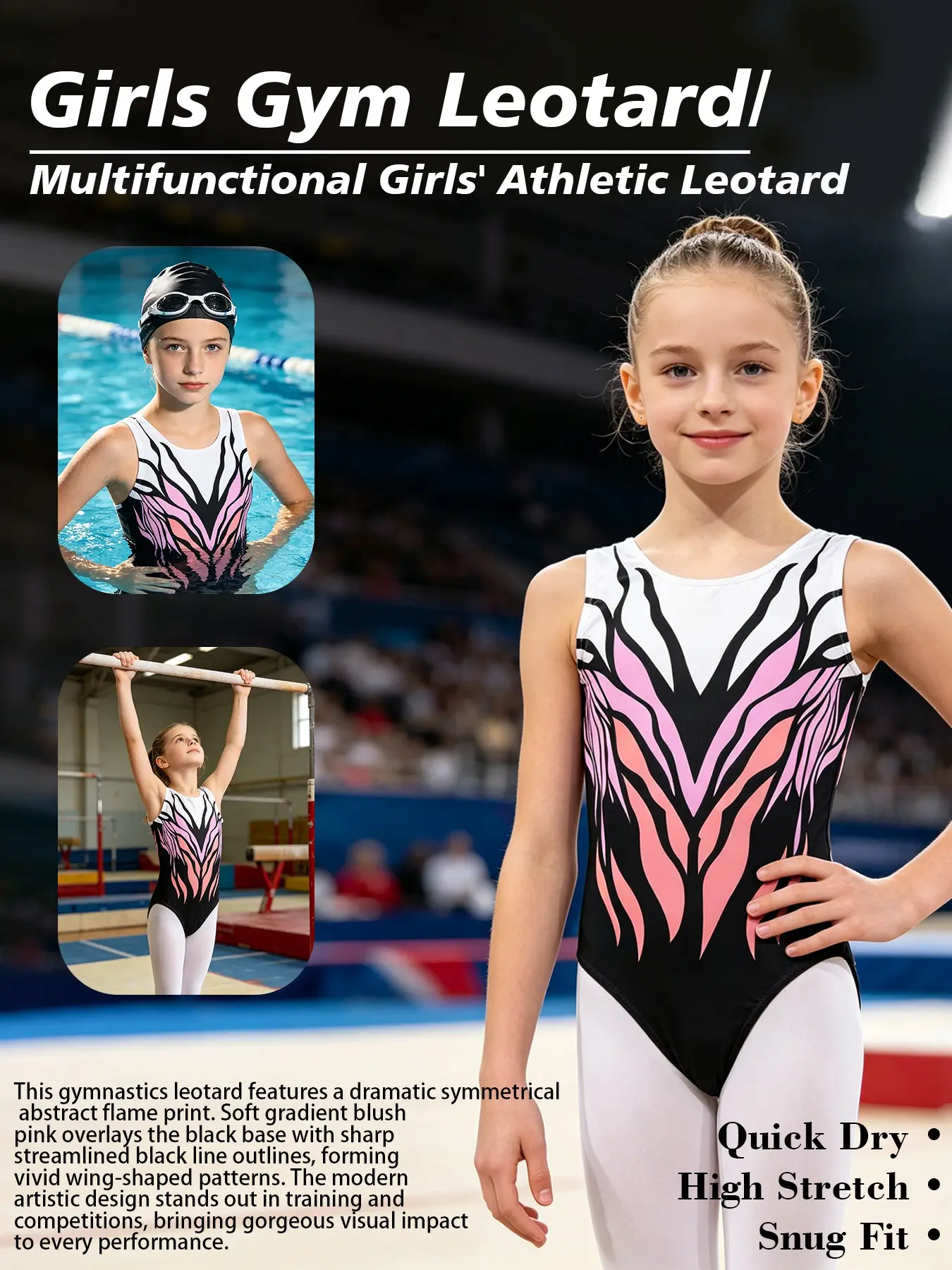 Girls' Multifunctional Sports Onesie, Dual-Layer Design, Quick-Dry Breathable, Ideal for Dance, Swimming, Gymnastics
