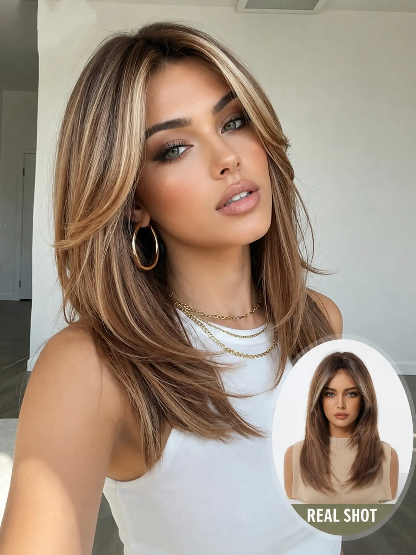 Gold Highlights Lockbone Synthetic Wig, 16-Inch Medium-Length Natural Voluminous Air Bangs, Breathable Rose Inner Mesh, Comfortable Lightweight, Highlighted Synthetic Wig