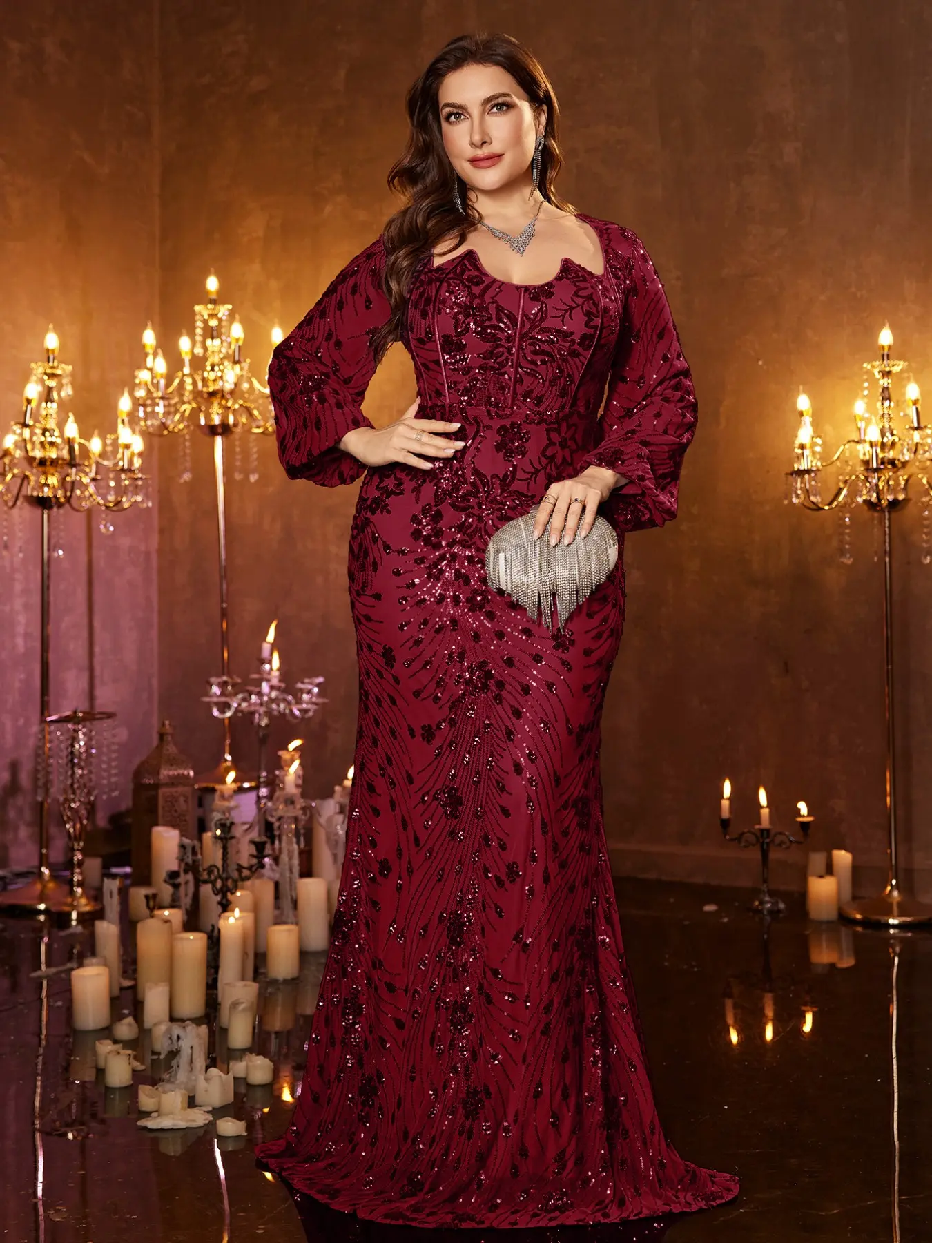 Elegant Sequined Embroidered Mermaid Long Dress, Long Sleeve Waist Cinch Formal Gown, Perfect for Year-End Parties and Banquets