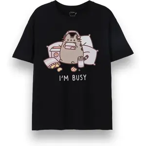 Pusheen Mens T-Shirt| Adults I'm Busy Short Sleeve Graphic Tee in Black Pusheen "I'm Busy" Gaming Cat Graphic Tee Unisex Cute Kawaii Short Sleeve Crew Neck Casual Top
