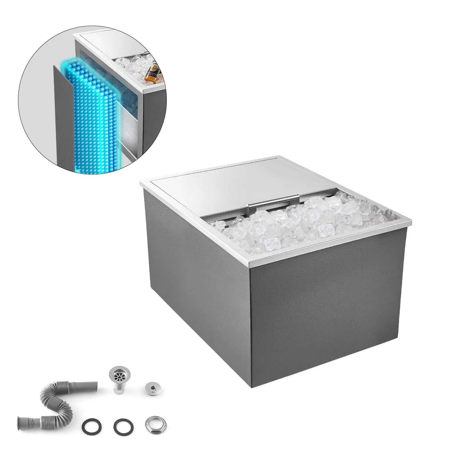 【DealsForYouDays】VEVOR Drop in Ice Chest, 24"Lx 18"Wx 13"H Stainless Steel Drop in Cooler, 57.8 Quart Commercial Ice Bin with Sliding Lid for Outdoor Kitchen Patio Bar, Drain-pipe Set Included, for Cold Wine Beer