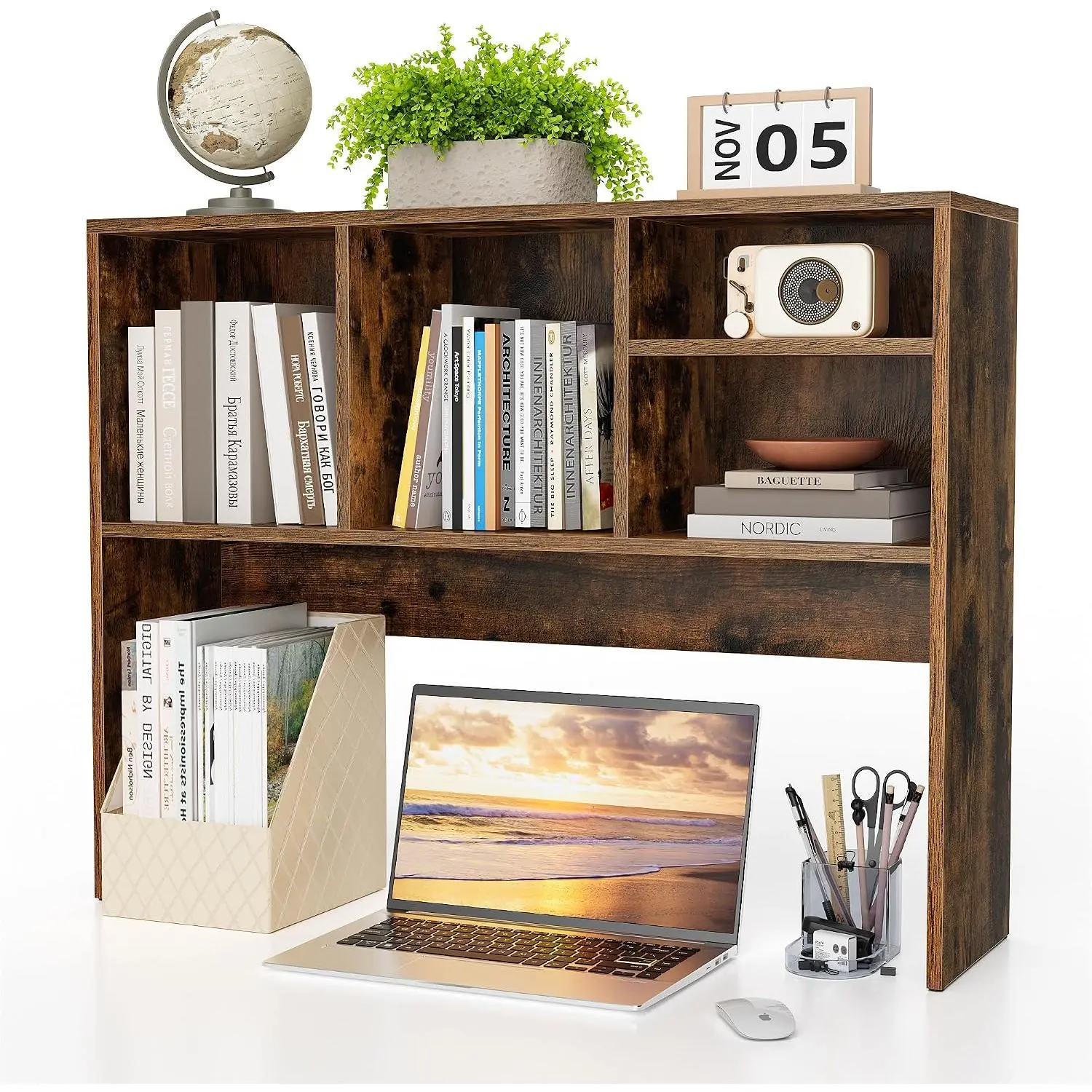 2-Tier Desktop Bookshelf Hutch,  Countertop Storage Organizer with 4 Storage Compartments for  Desk, Multipurpose Tabletop Display Rack for  Office Dorm Bedroom, Brown