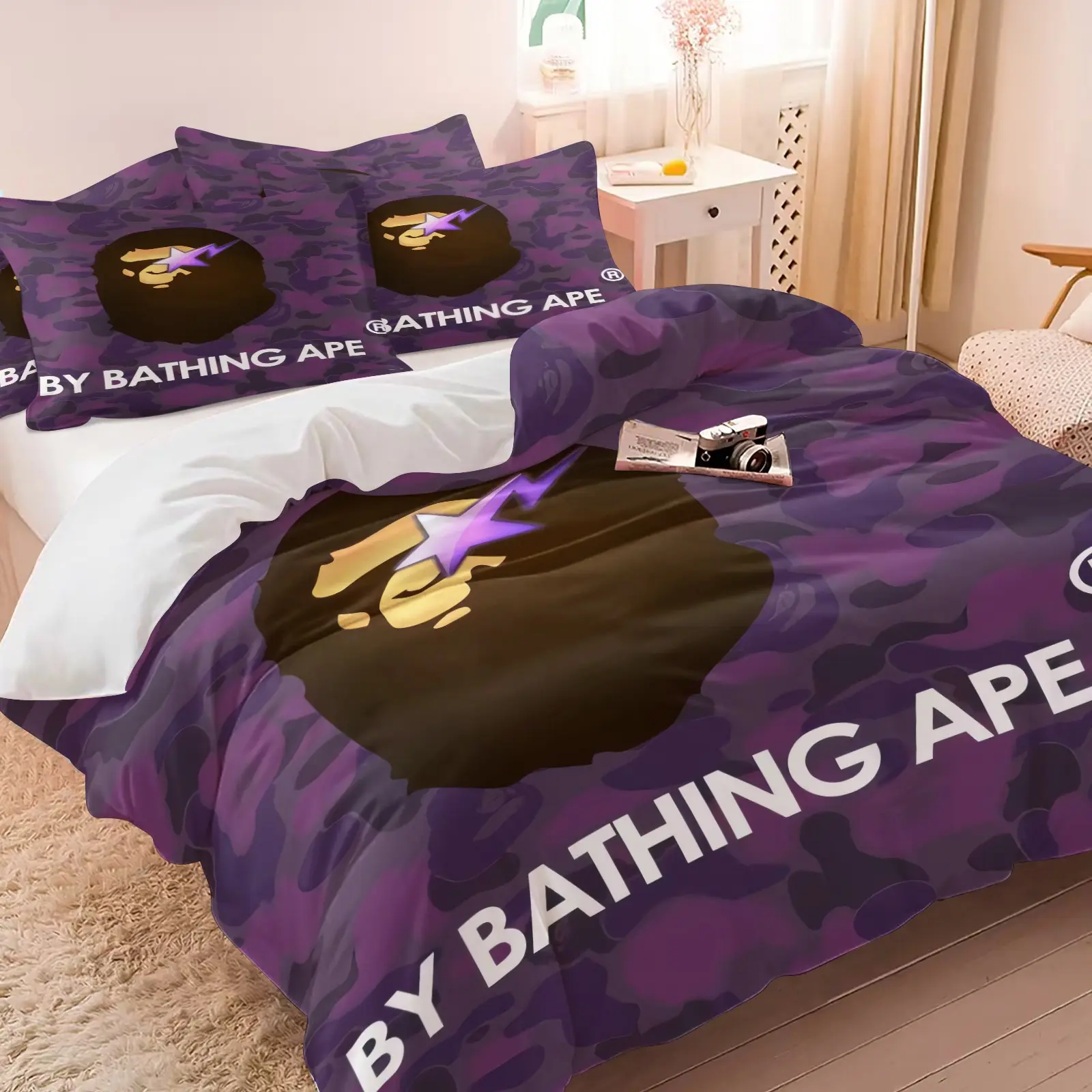 3PCS Purple Camo Lightning Star Duvet Cover Set (1 Duvet Cover + 1-2 Pillowcases), Dark Purple Camo Lightning Star HD Digital Print, Soft Cozy Skin-Friendly All Seasons Bedding, Perfect for Hip Hop Street Bedroom Decor