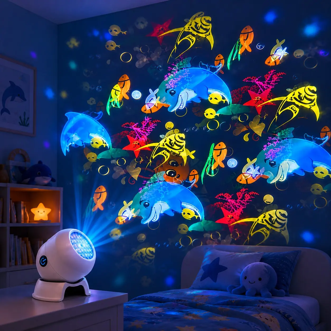 Kids Rotating Projector Lamp | Ocean Animal & Snowflake & Xmas Snowman 3 Themes, Rechargeable & USB Plug-in Night Light, Perfect Gift for Birthday & Christmas