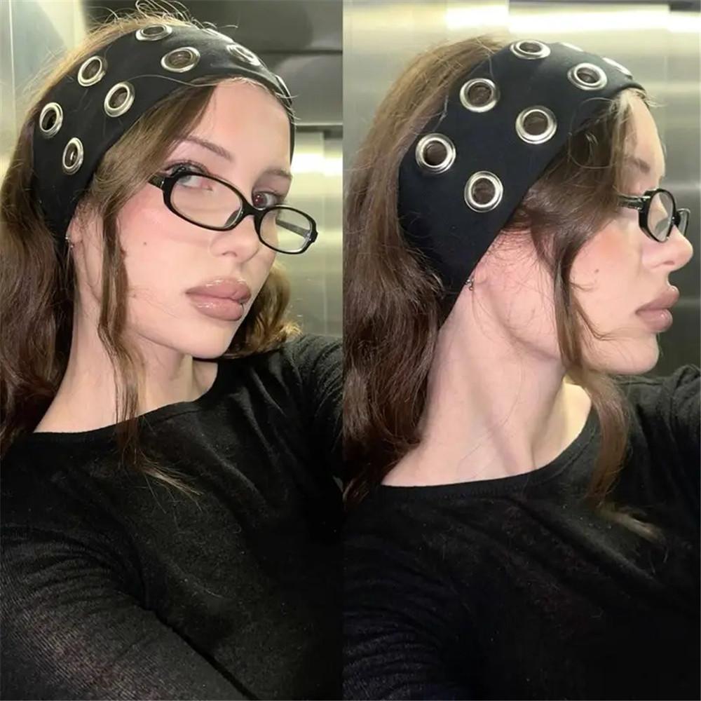 AWAYTR Harajuku Y2K Punk Girl Punk Grunge Hollowed Out Eyelets Wide Headband Elastic Headbands Fashion Steampunk Gothic Sports Headbands Hair Accessories
