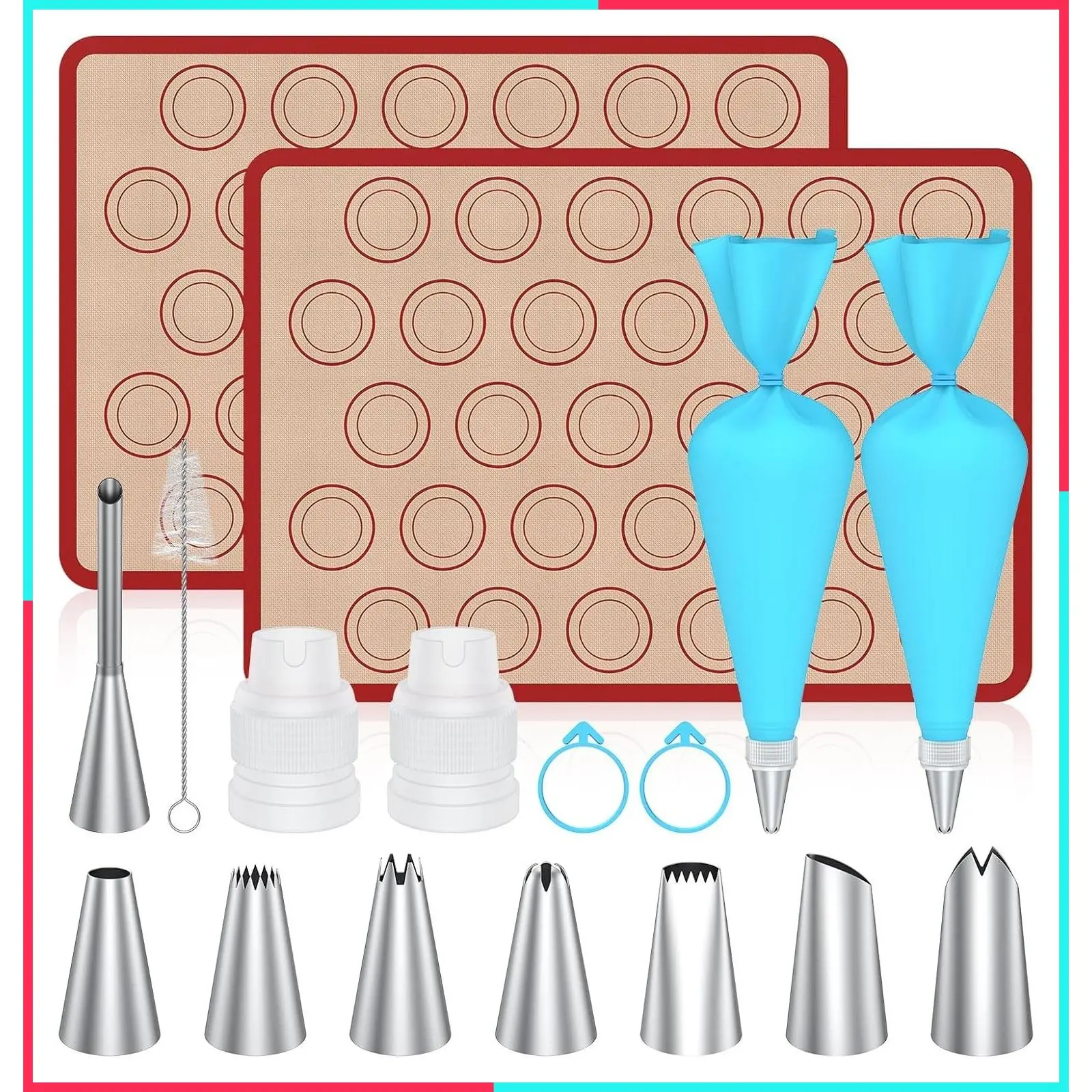 17-Piece Nonstick Macaron Baking Kit with Silicone Mats, Piping Tips, Bags, Couplers, Puff Tip, Brush & Bag Ties