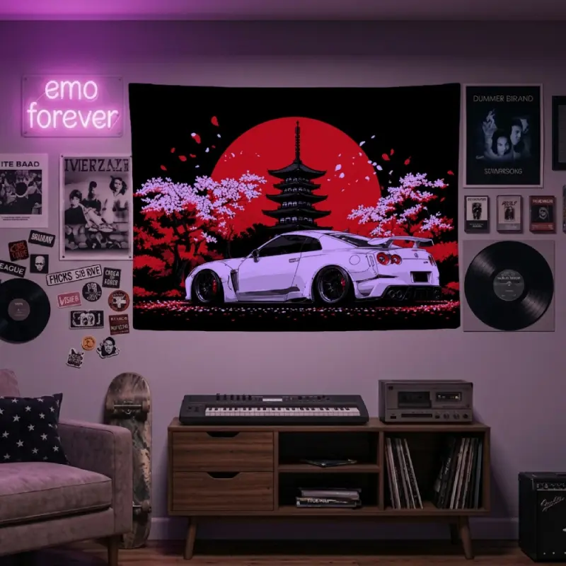 JDM Sports Car Polyester Tapestry Japanese Red Sun Sakura Cherry Blossom Wall Hanging Cool Automotive Street Racing Gaming Room Decor Dorm Background Banner Poster