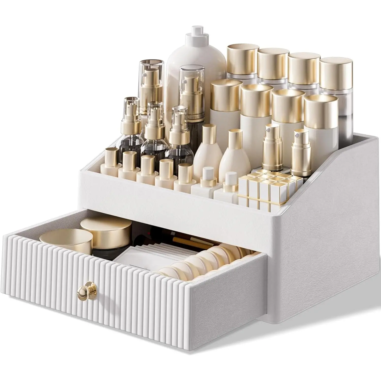 Makeup Organizer,Leather  Organizer with 1 Drawer&Tray,Luxury Beige White Makeup Storage for Perfume,Bedroom,Bathroom,Gifts for Women,Womens Gifts (White, 1-Drawer)