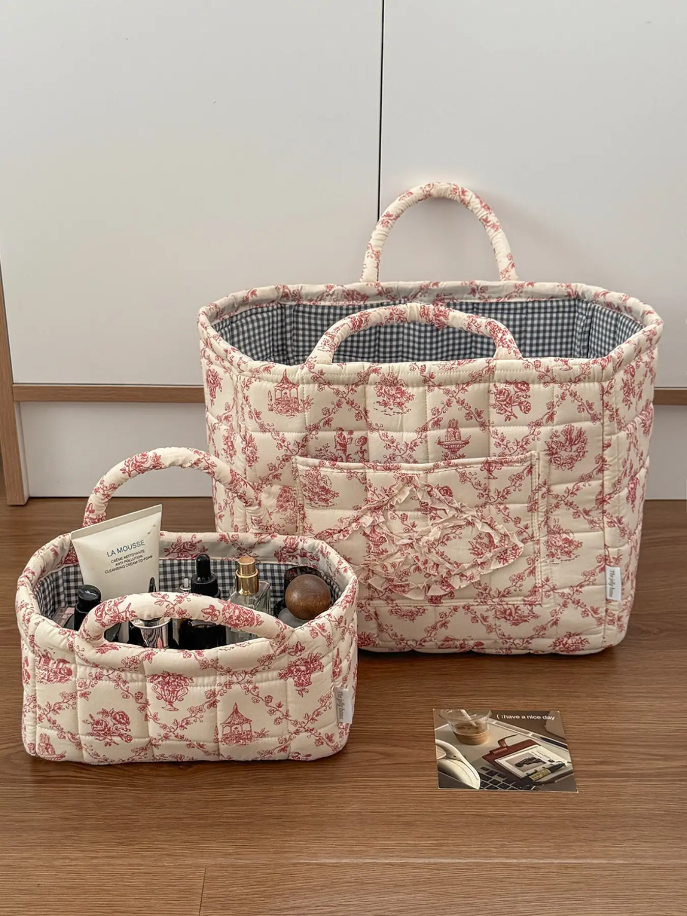 Vintage Manor French Vine Storage Basket, Checkered Lining, Ruffled Pockets, Home Organization Basket, Decorative Storage Organizers