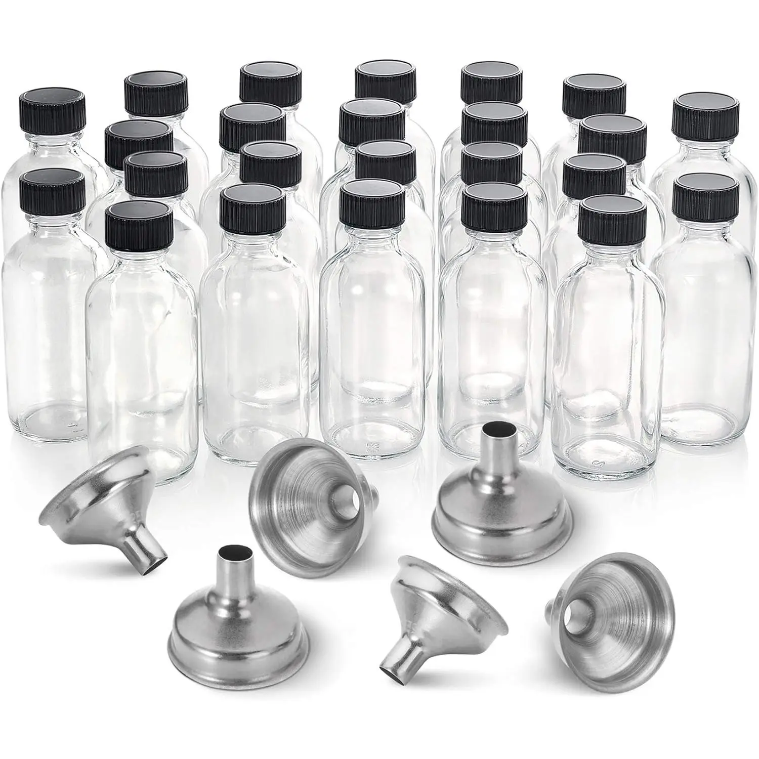 2 oz Small Clear Glass Bottles w/ Lid & 6 Stainless Steel Funnels - 60ml Boston Sample Bottles - Mini Travel Essential or Decorative Bottles for Potion, Juice, Wellness, Ginger Shots, Whiskey