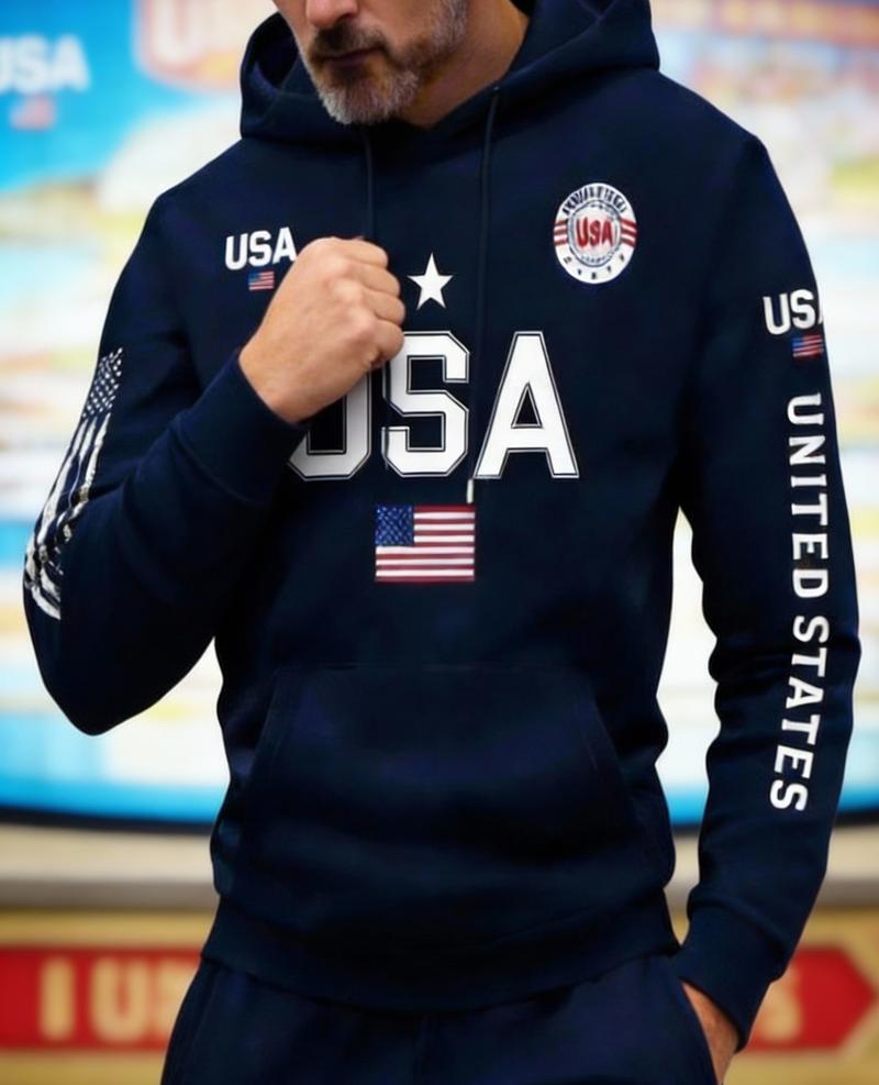 Streetwear USA Hoodie Men's Red Loose Hoodie Flag Element Top