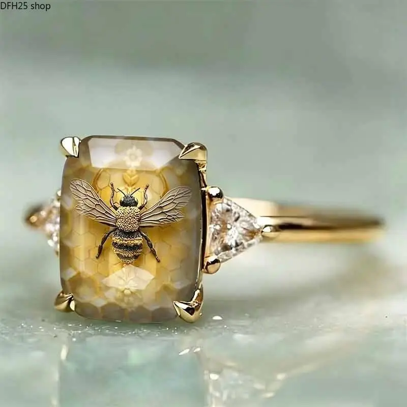 Vintage Bee Carved Rectangle Gem Statement Ring Viral Gold Tone Honeycomb Design, Inlaid Triangle Accent Stone, Elegant Animal Finger Jewelry for Daily Wear, Date Night and Special Occasions
