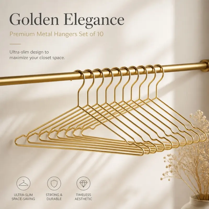 10-Piece Premium Metal Hangers, space saver hangers, sturdy and load-bearing. Elegant gold finish, space-saving and durable, ideal for organizing clothes and pants in wardrobes.