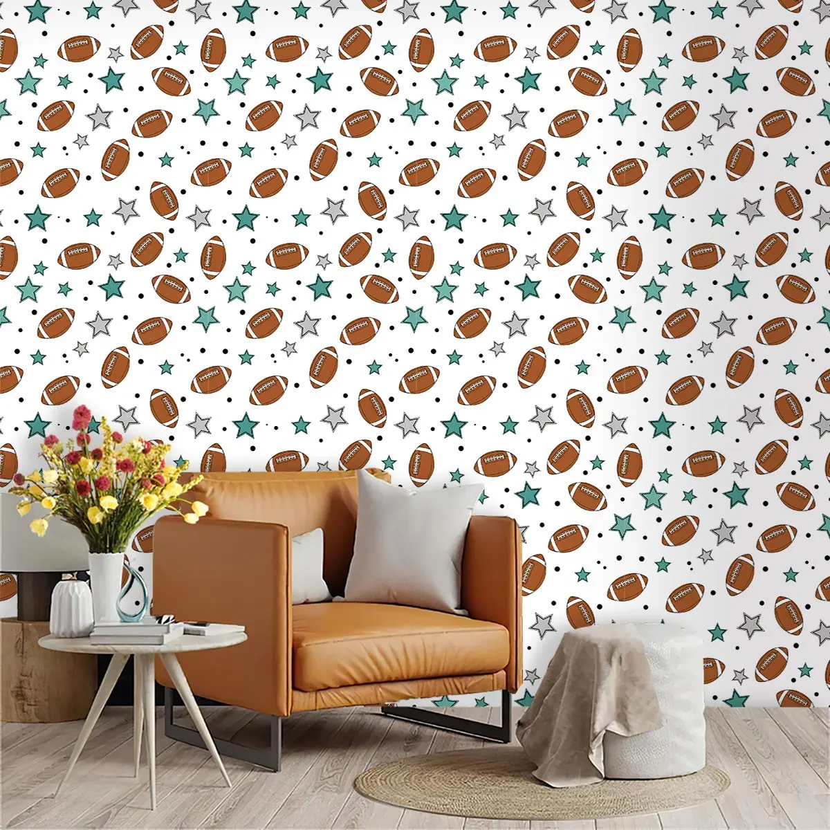 Football and Stars Cartoon Style Wallpaper, PVC Material, Self-Adhesive, Ideal for Living Room, Kitchen, Bedroom, Wall Decor, Easy to Apply
