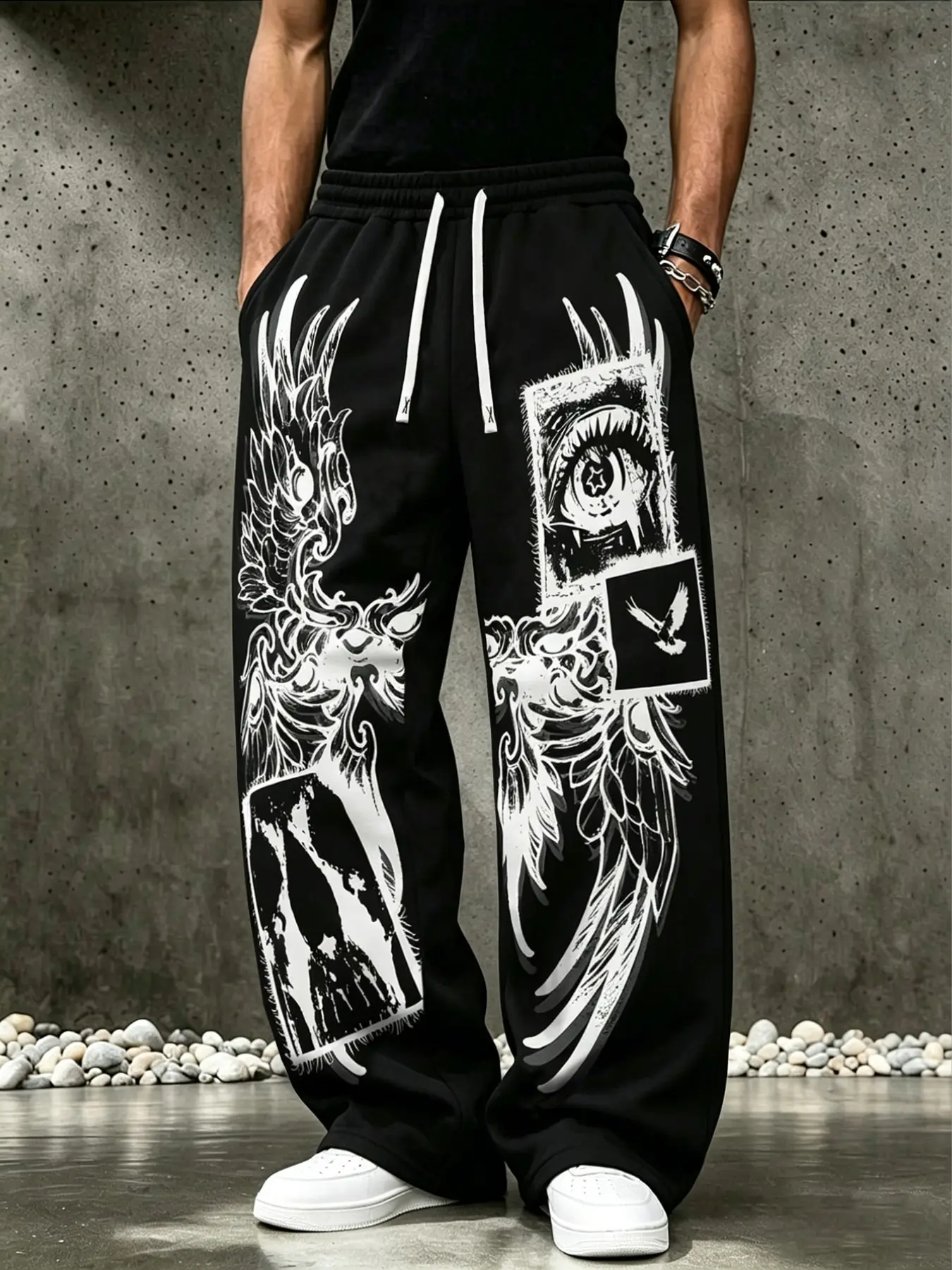 Unisex Baggy Graphic Print Sweatpants - Loose Fit Cyber Streetwear Trackpants with Eye & Feather Design, Comfortable Loungewear Joggers for Hip Hop & Dance