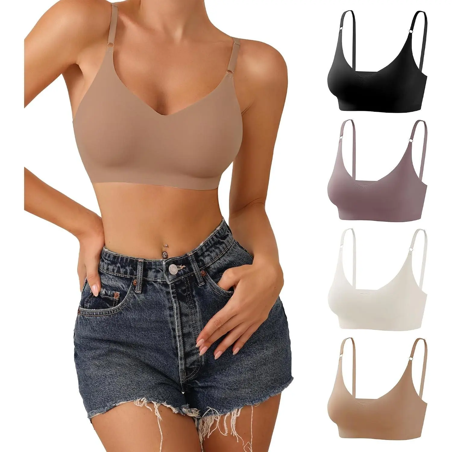V Neck Padded Seamless Adjustable Straps Bralettes Everyday Basic Sleeping Bras Multi PackGift