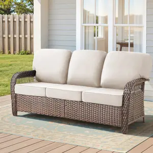 Aobtkel Sturdy 75.2" Outdoor Brown Crack-Resistant Wicker Patio Sofa, 5-Inch High-Resilience T-Shape Back Cushions, Balanced Support Foam, for Porch, Garden
