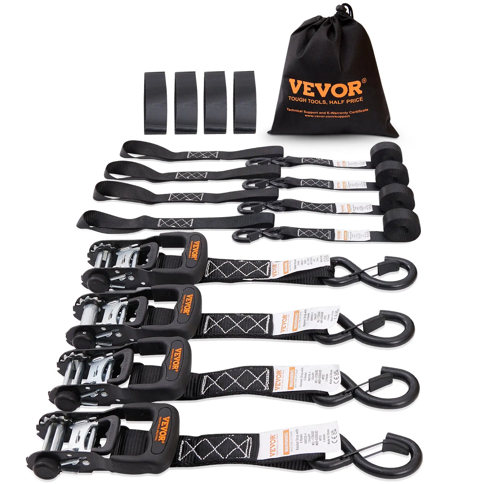 VEVOR Ratchet Tie Down Straps (4PK), 5208 lb Max Break Strength, Includes 4 Premium 1.6"x 8' Rachet Tie Downs with Padded Handles, for Moving Securing Cargo, Appliances, Lawn Equipment, Motorcycle