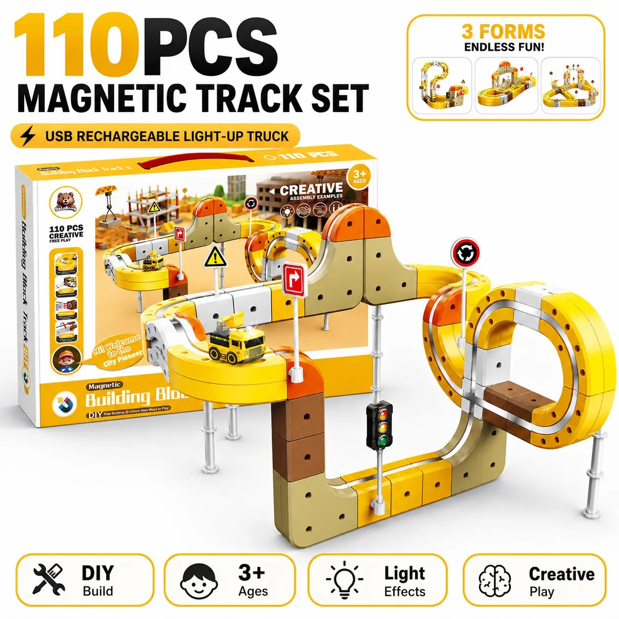 Magnetic Building Block Track Set, DIY Construction Track with USB Rechargeable Light-Up Vehicle, Creative Building Toy, Boys and Girls Birthday Gift.