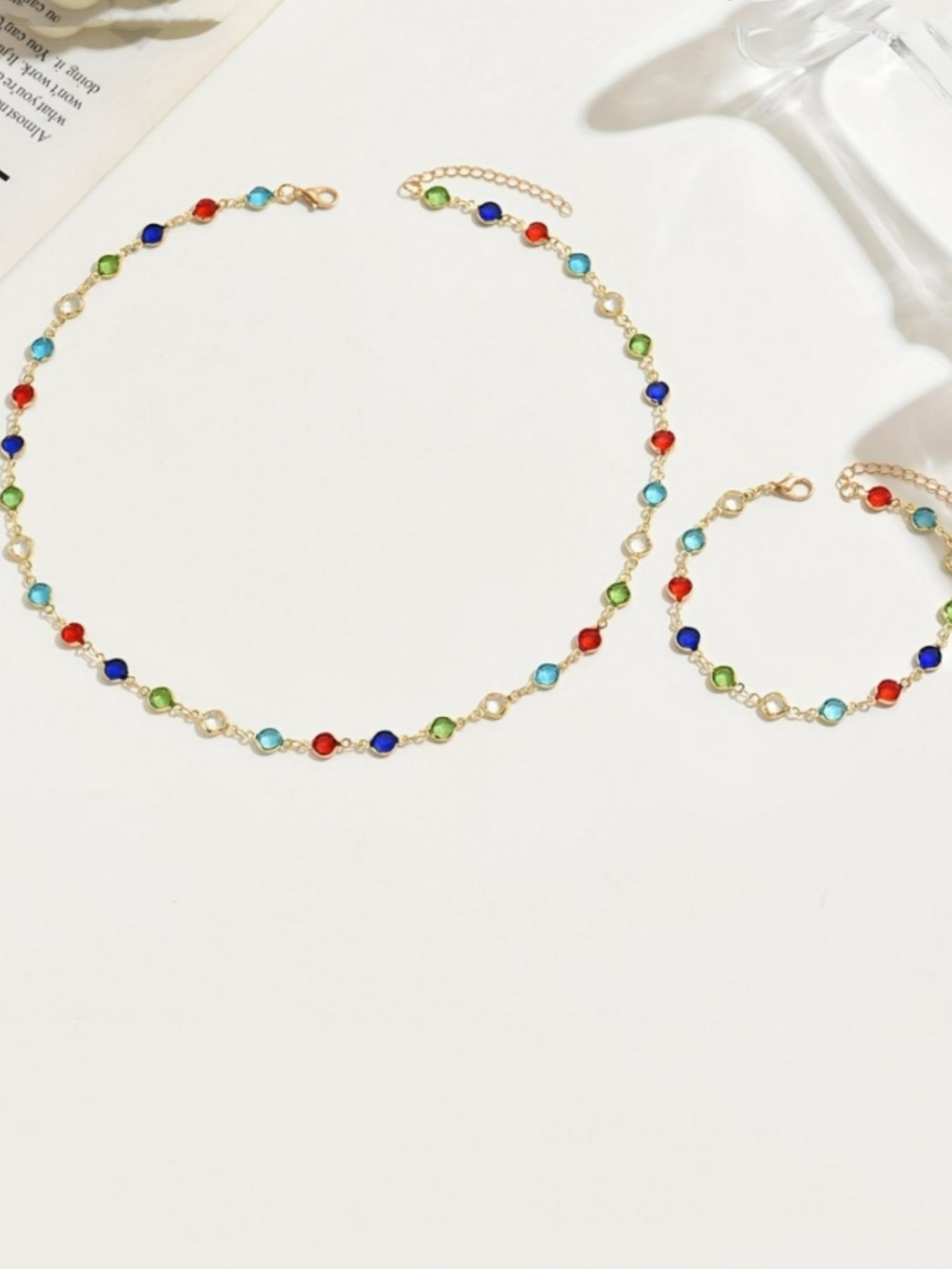 Women's Elegant Colorful Artificial Zircon Decorated Necklace & Bracelet, Fashion Jewelry for Party, Daily Clothing Decor, Trendy All-match & Exquisite Jewelry for Birthday Gift, Fashionable Jewelry Set