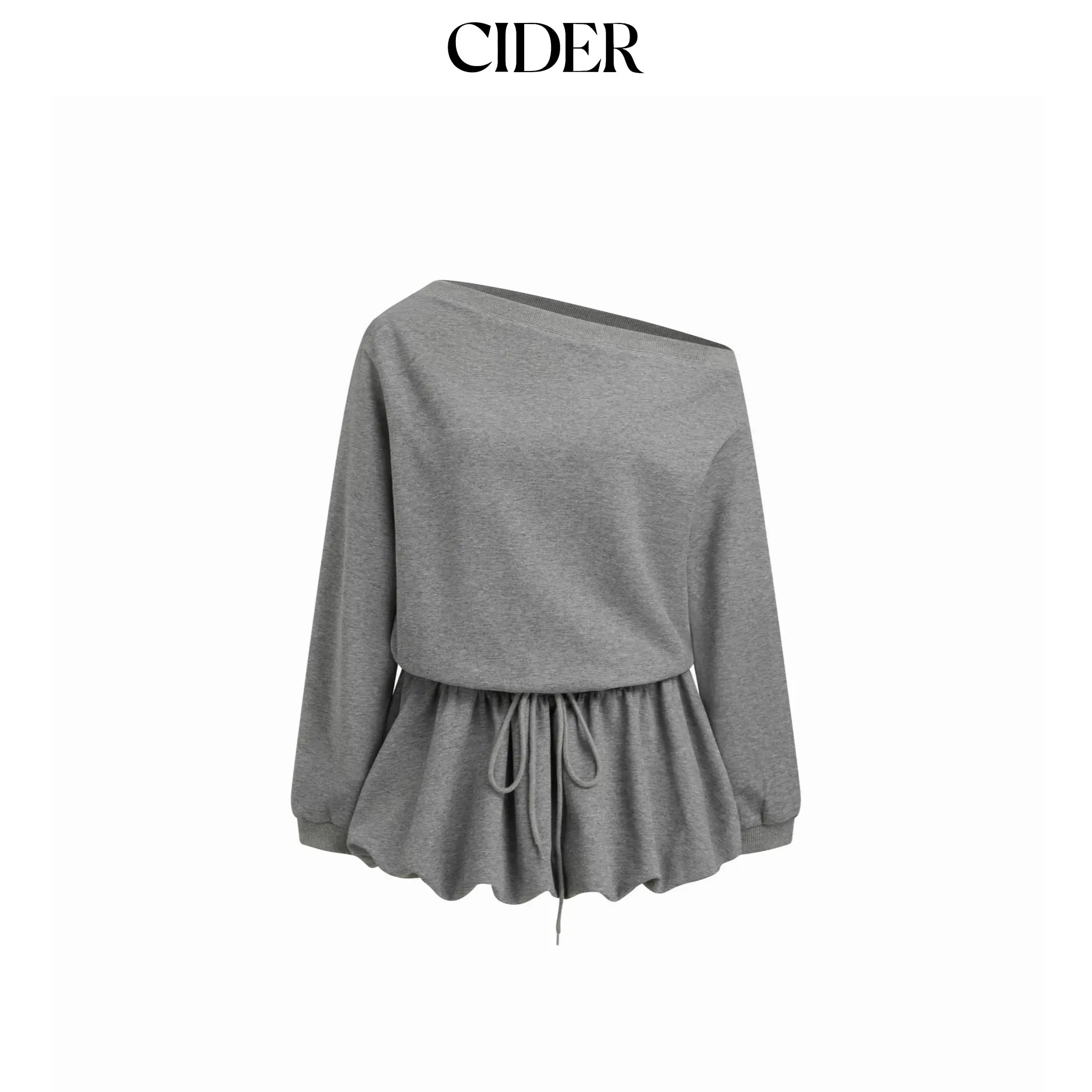 Cider Cotton-blend Asymmetrical Neck Long Sleeve Knotted Bubble Hem Mini Dress SummerFinds