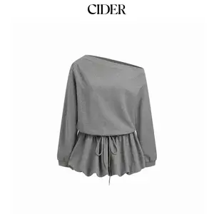 Cider Cotton-blend Asymmetrical Neck Long Sleeve Knotted Bubble Hem Mini Dress SummerFinds