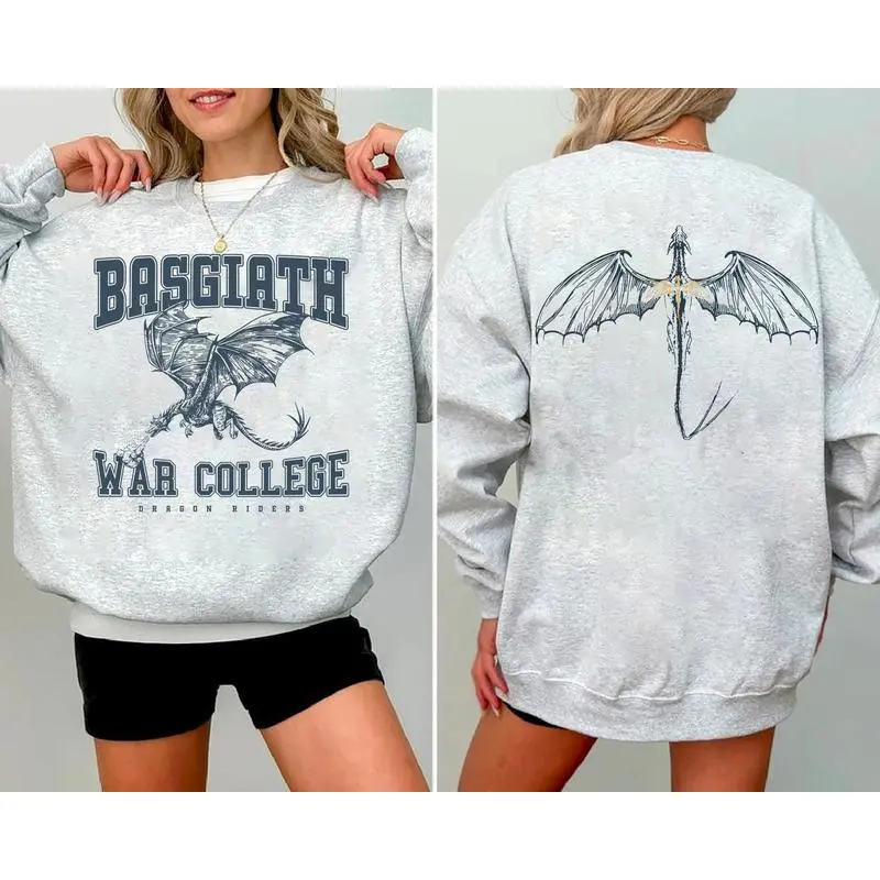 Women's Basgiath War College Dragon Rider Double-Sided Graphic Oversized Cotton Hoodie - Baggy, Casual, Longsleeves, Loose Heather Gray Crewneck Sweatshirt, Fantasy Bookish Fashion, Ideal Gift For Book Lover Girlfriend