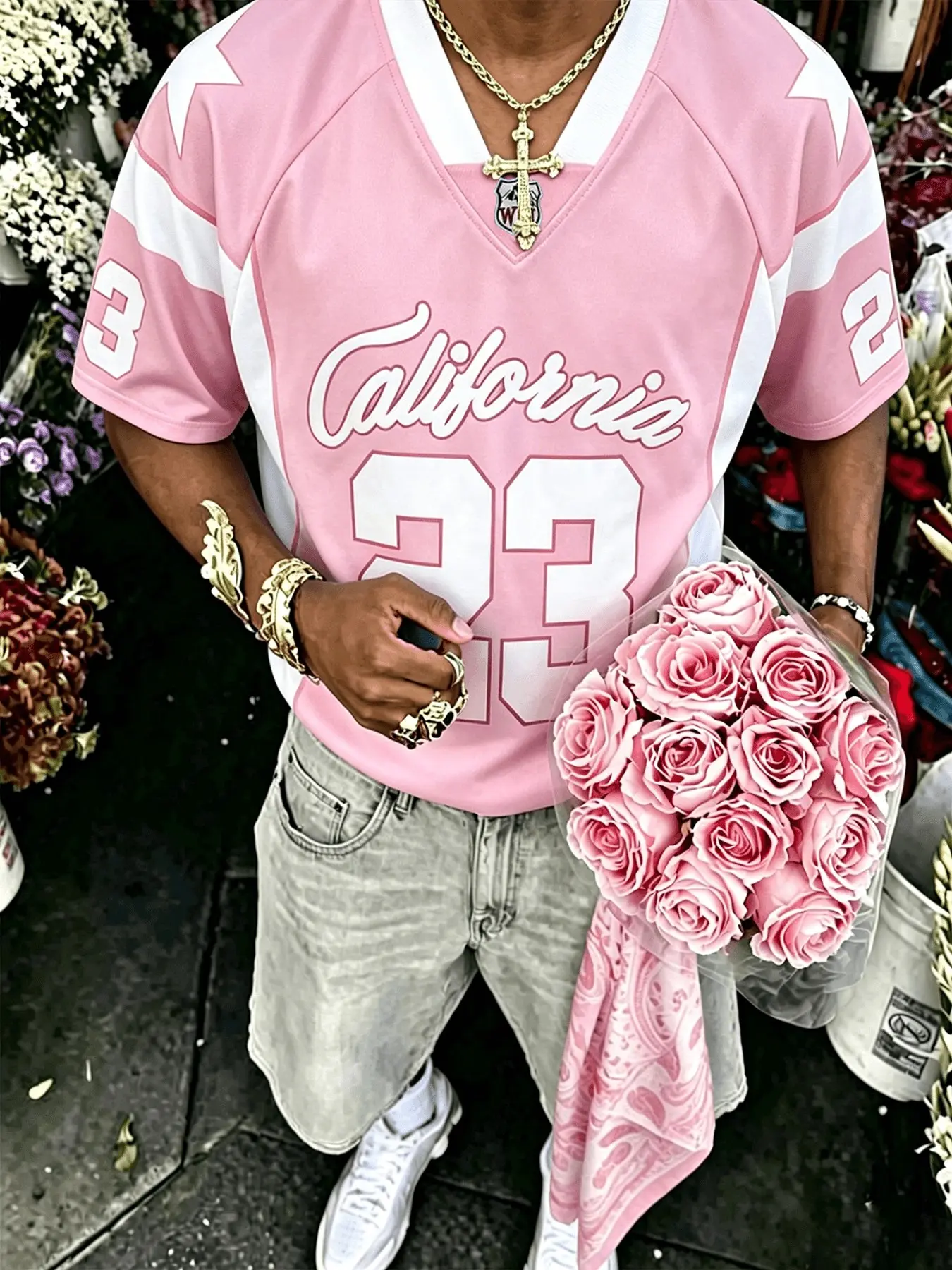 Trendy Y2K California 23-star mesh soccer jersey, loose hip-hop street style T-shirt, breathable quick-dry color block sports top, pink/gray/blue multicolor style shirt, perfect for Gen Z everyday outfits #Y2KFashion #StreetStyle #SoccerJersey #ShortSleev