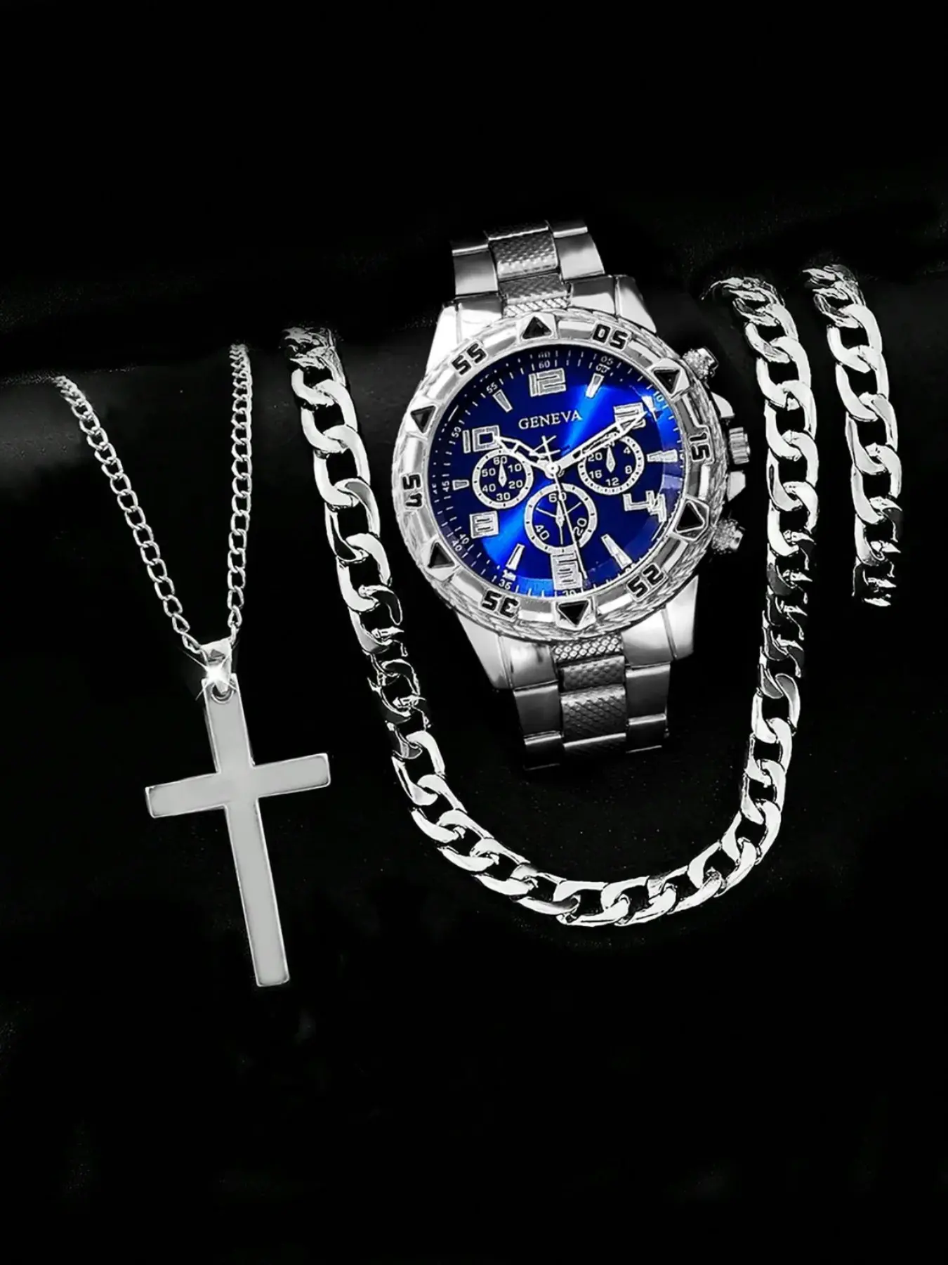 Men's Quartz Trendy Watch Set with Stainless Steel Cuban Bracelet, Necklace, Cross Pendant, Trendy Jewelry Set, Fashionable Jewellery Gift Set, Ideal Gift for All Occasions