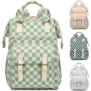 Corduroy Laptop Backpack for 15.6 Inch Stylish College School Bookbag, Business Work & Travel Computer Backpacks (Checkered Green)