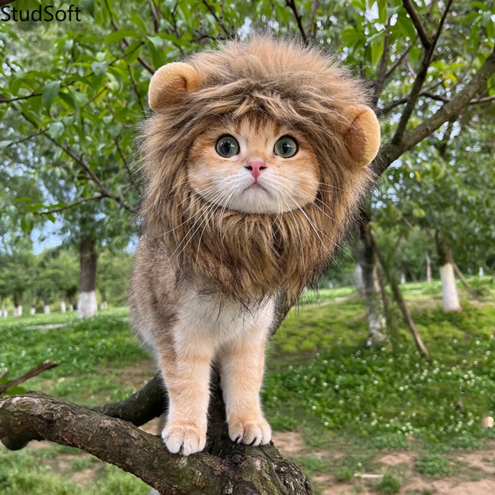 Lion Mane Costume for Cats and Small Dogs, Realistic Soft Hair Animal Theme Wig with Ears for Halloween Fun Party Dress Up, Wig Hat, Classic Halloween, One-Piece