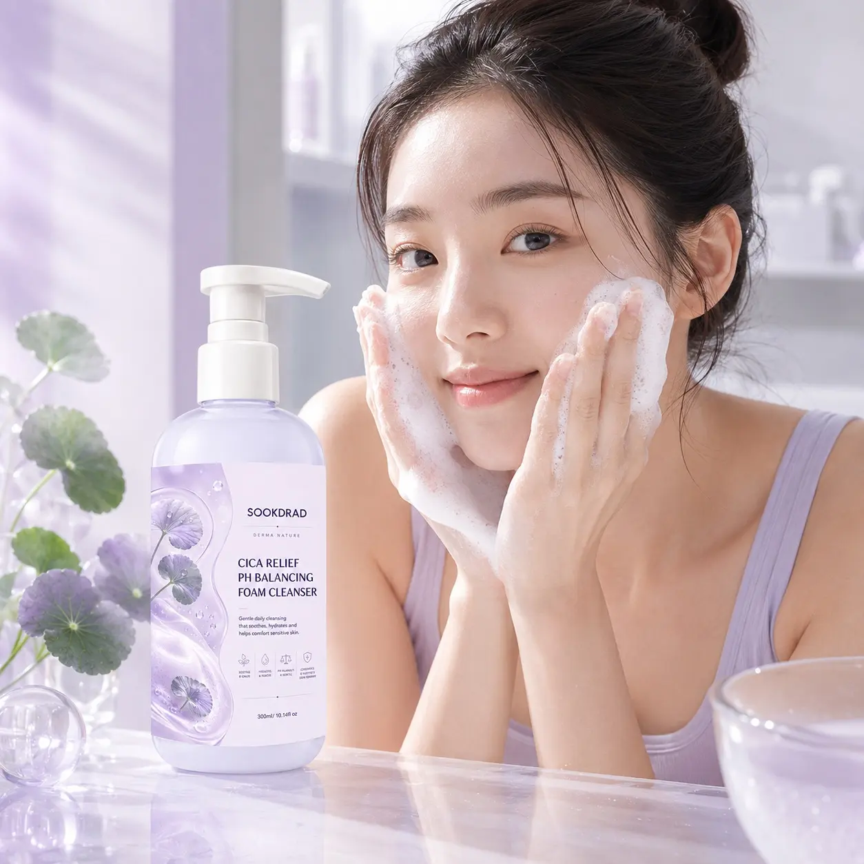 Cica relief ph balancing foam cleanser, contains cica, gentle cleansing, soothing, hydrating, for sensitive skin, daily cleansing, 300ml/10.14fl oz