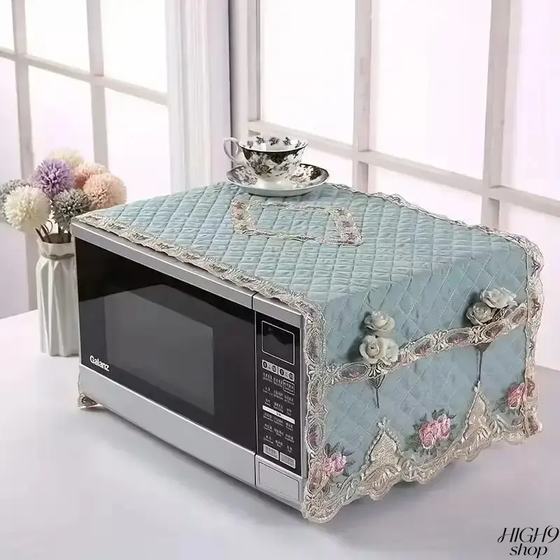 Universal Quilted Microwave Dust Cover With Lace Floral Decor, Full Coverage Dust And Sun Proof Protective Cloth With Side Storage Pocket, Multi Size Kitchen Decor Cover For Household Indoor Kitchen Appliance Protection,Decorative cover cloth only.