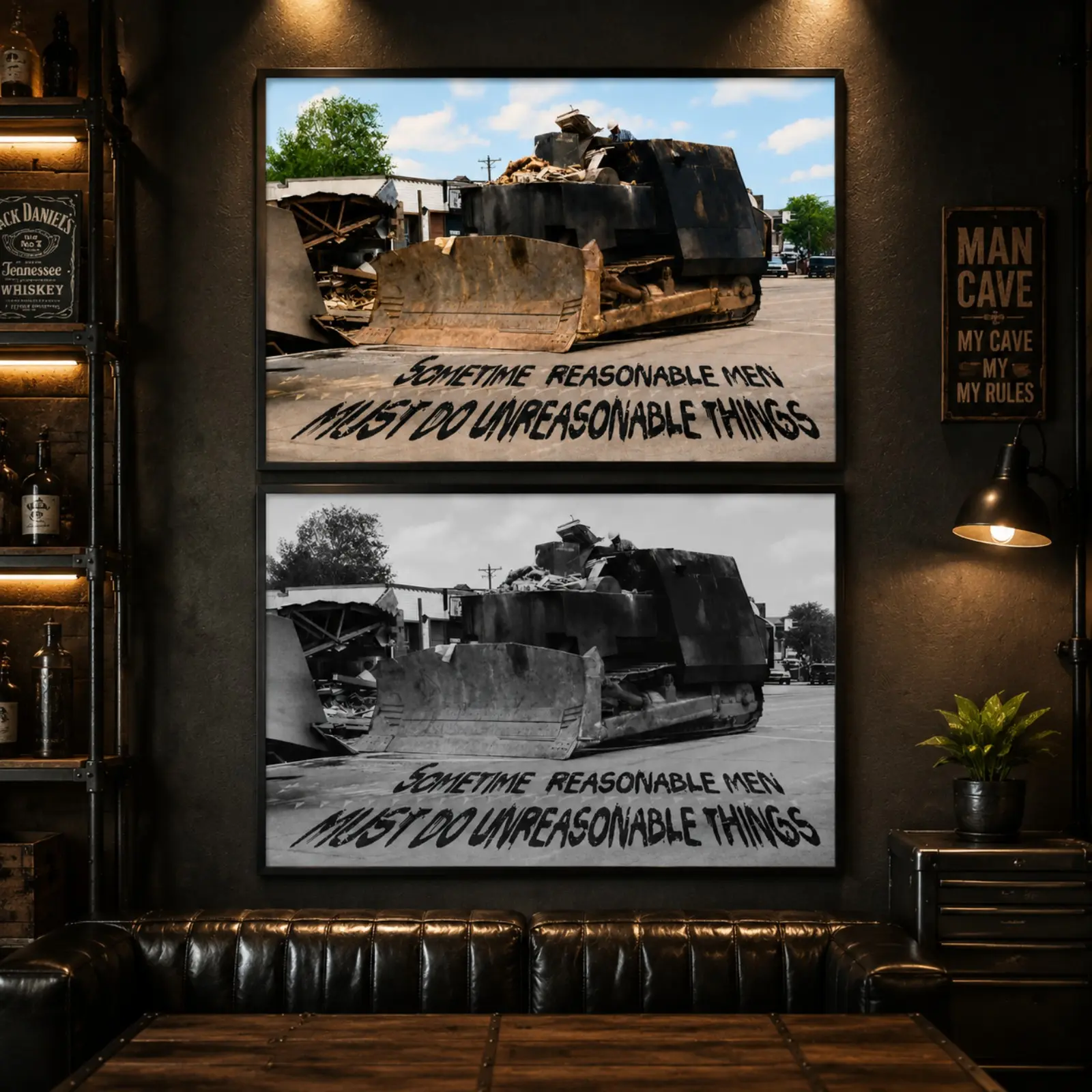 Vintage Bulldozer Canvas Wall Art Poster - Black and White Industrial Machine Print with "Sometimes Reasonable Men Must Do Unreasonable Things" Quote, Retro Man Cave Decor, Artwork for Garage, Office Room Decor