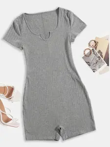 Women's Summer Casual Basic Fitted Short Sleeve Plain Surface Unlined Romper Bodysuit, Comfortable Daily Wear, Perfect for Relaxing at Home