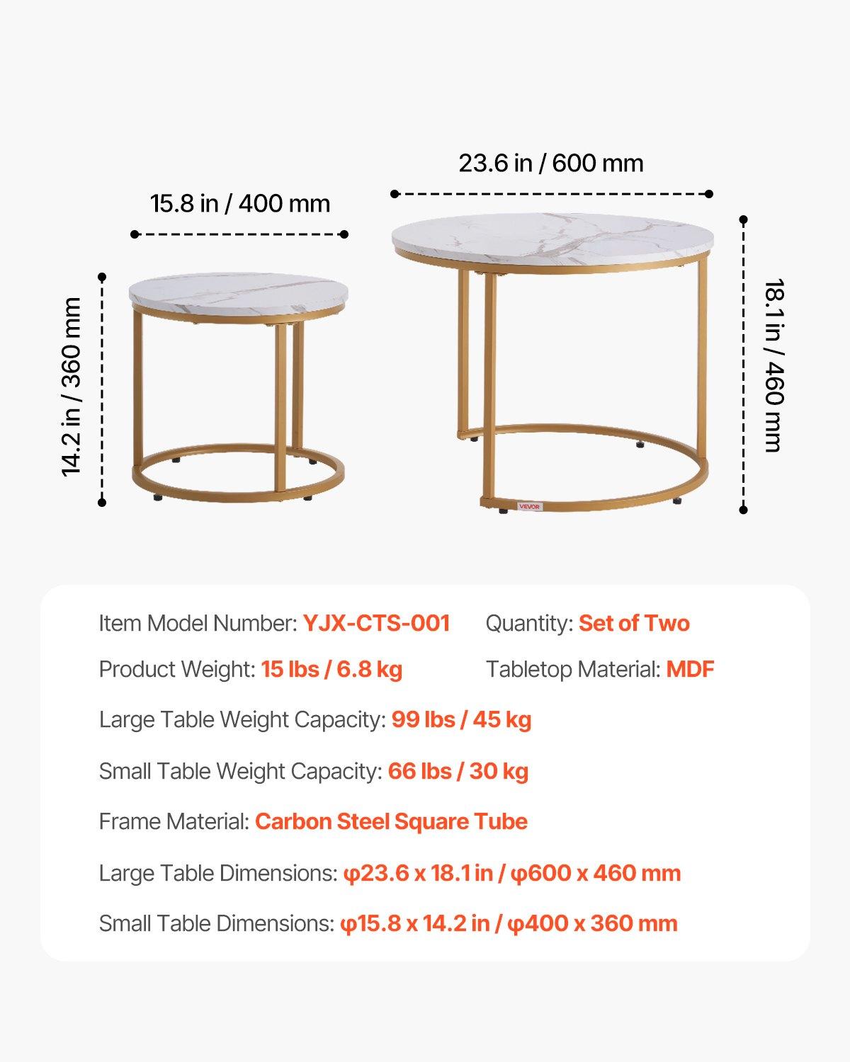 VEVOR Nesting Coffee Table Set of 2, 23.6 in Round Coffee Table, Nesting Tables for Small Place, Vintage End Side Tables Night Stand with Metal Frame, for Living Room, Bedroom, Office (White & Gold) VEVOR Nesting Coffee Table Set of 2, 23.6 in Round Coffee Table, Nesting Tables for Small Place, Vintage End Side Tables Night Stand with Metal Frame, for Living Room, Bedroom, Office (White & Gold)